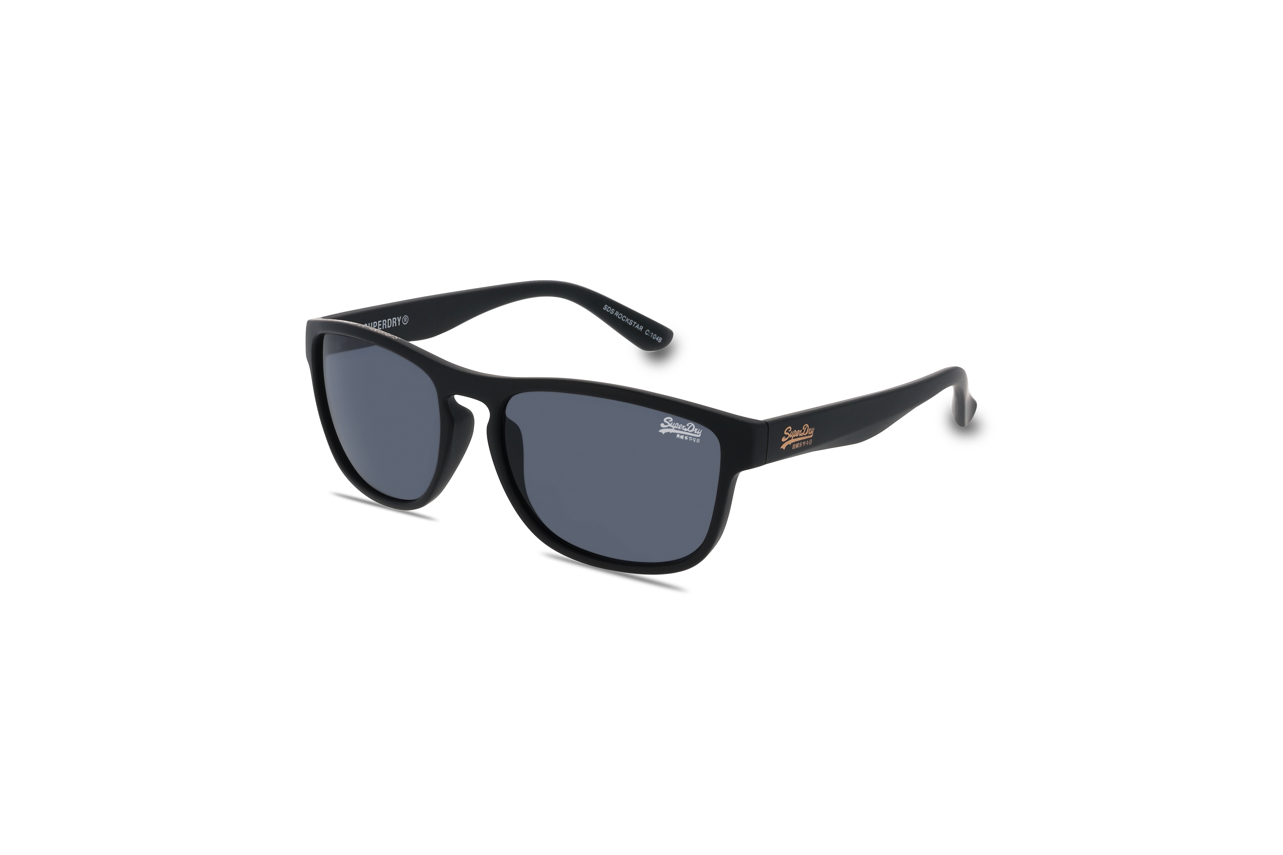 45° Ansicht der Sonnenbrille Super Dry ROCKSTAR in Schwarz auf weißem Hintergrund.