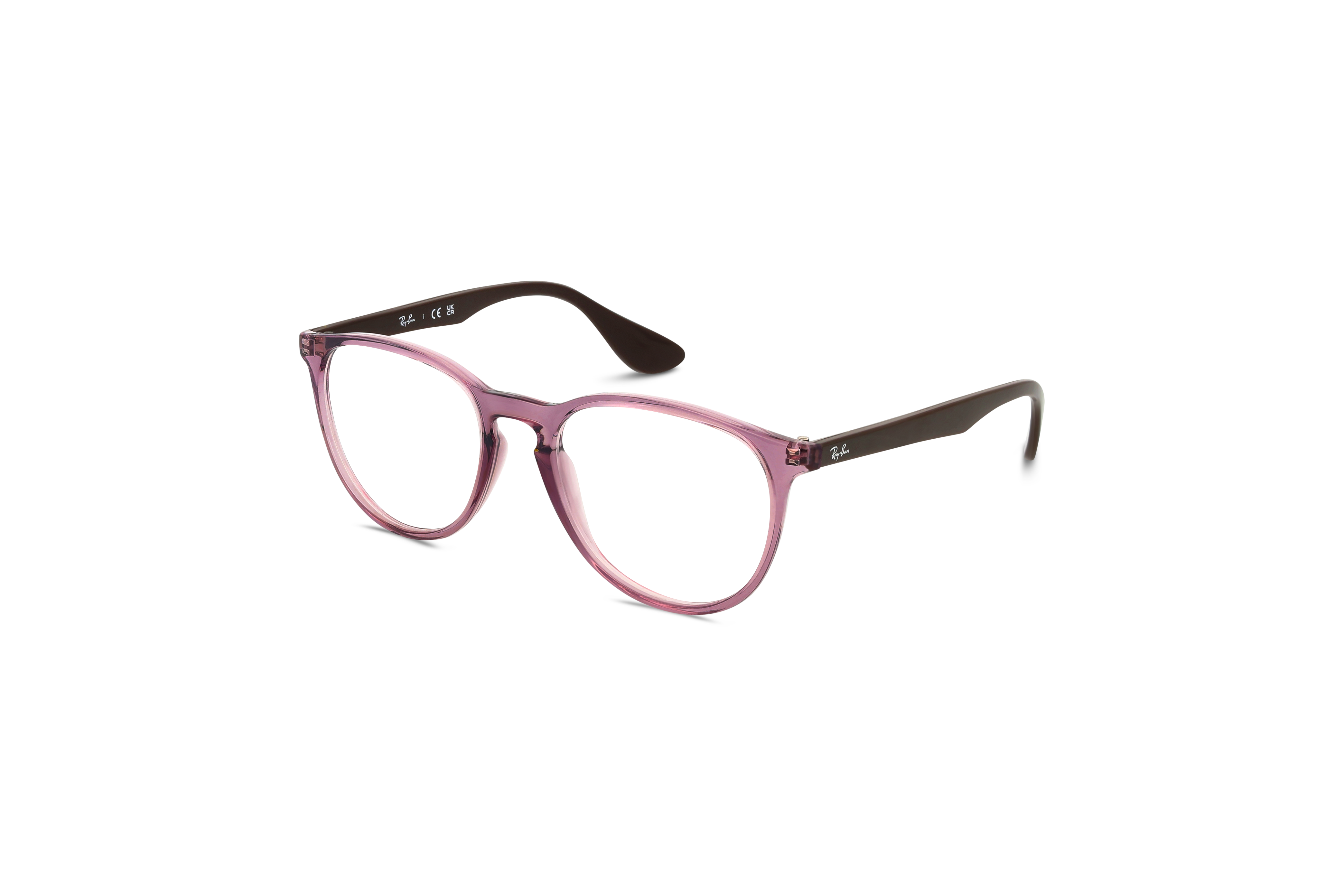 45° Ansicht der Brille Ray-Ban RX7046 in Transparent auf weißem Hintergrund.