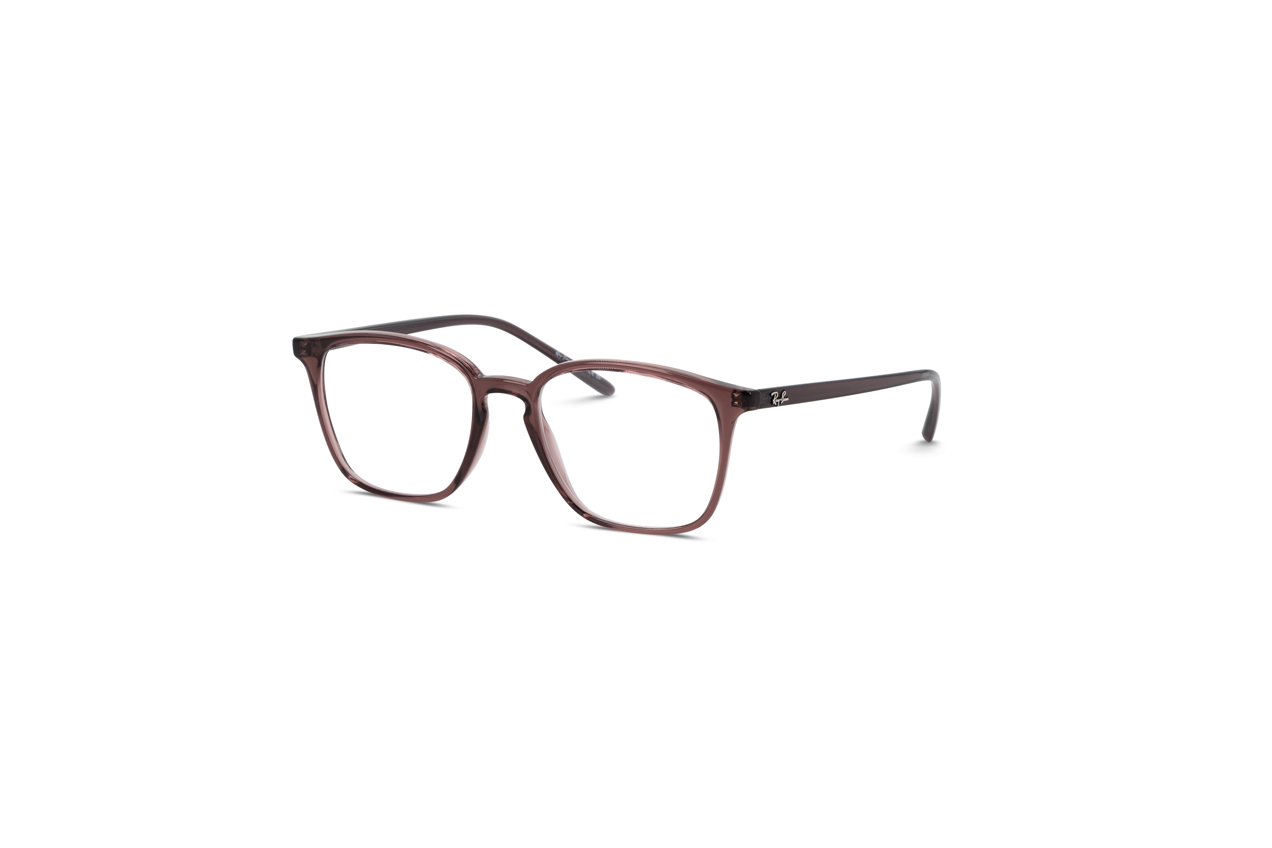 45° Ansicht der Brille Ray-Ban RX7185 in Braun auf weißem Hintergrund.