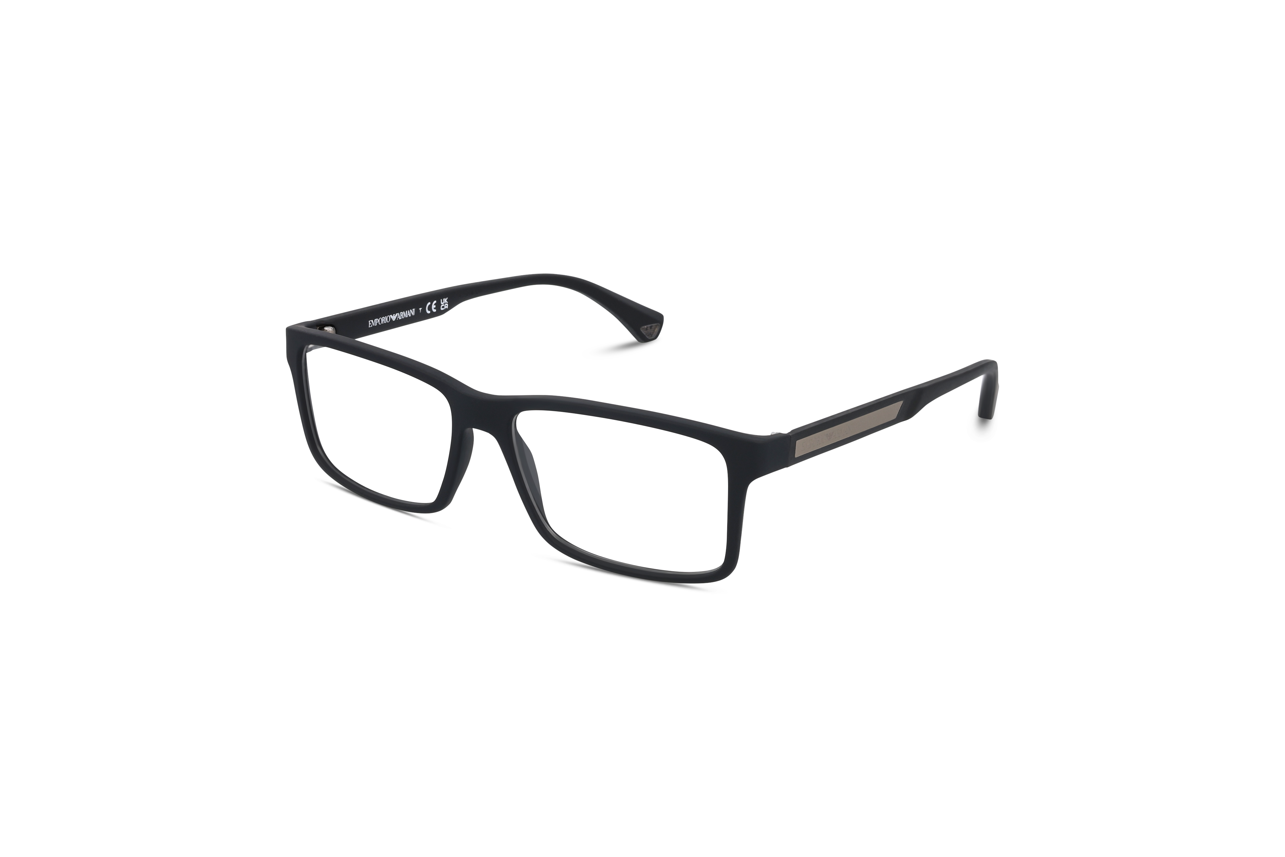 45° Ansicht der Brille Emporio Armani EA3038 in Schwarz auf weißem Hintergrund.
