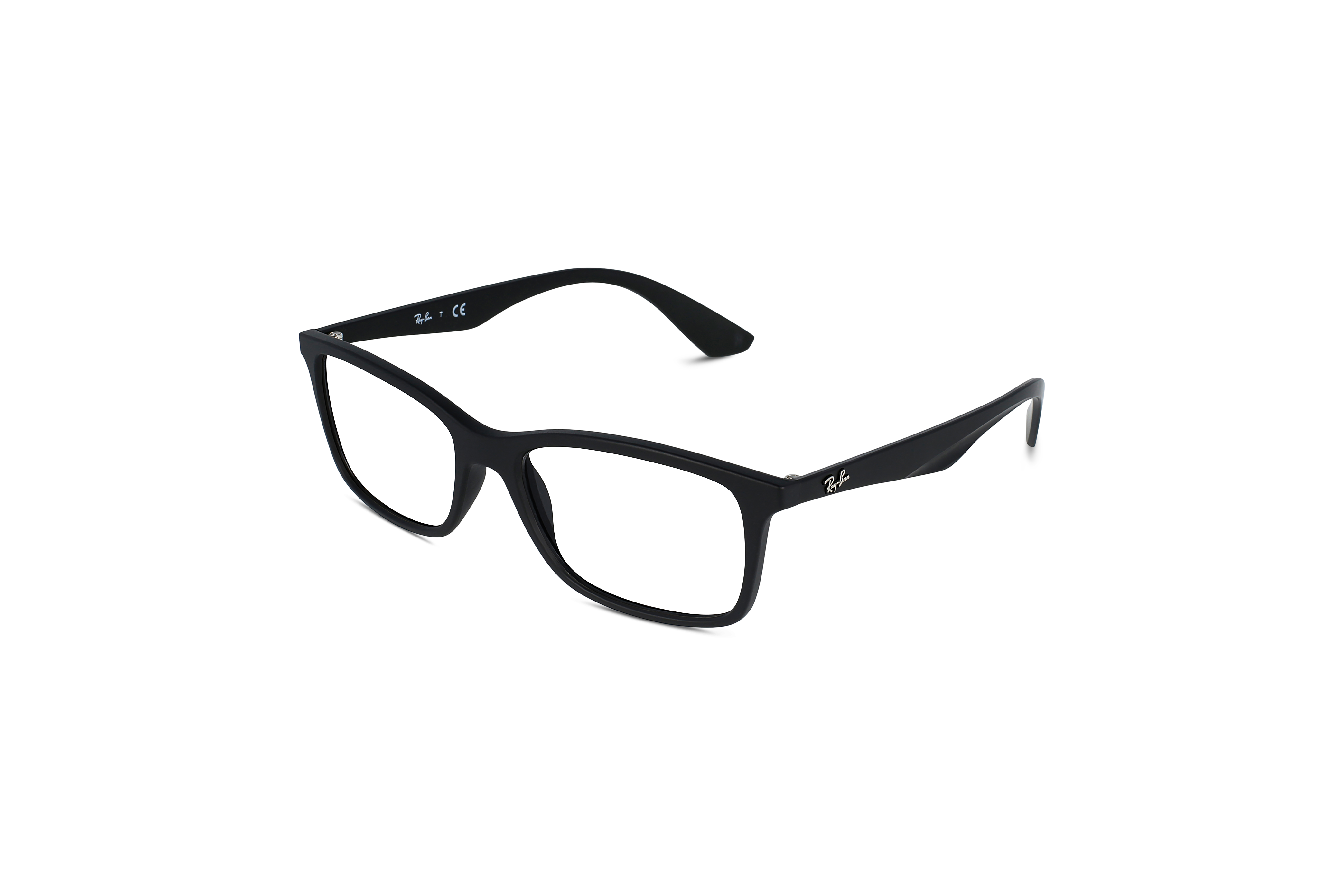 45° Ansicht der Brille Ray-Ban RX7047 in Schwarz auf weißem Hintergrund.