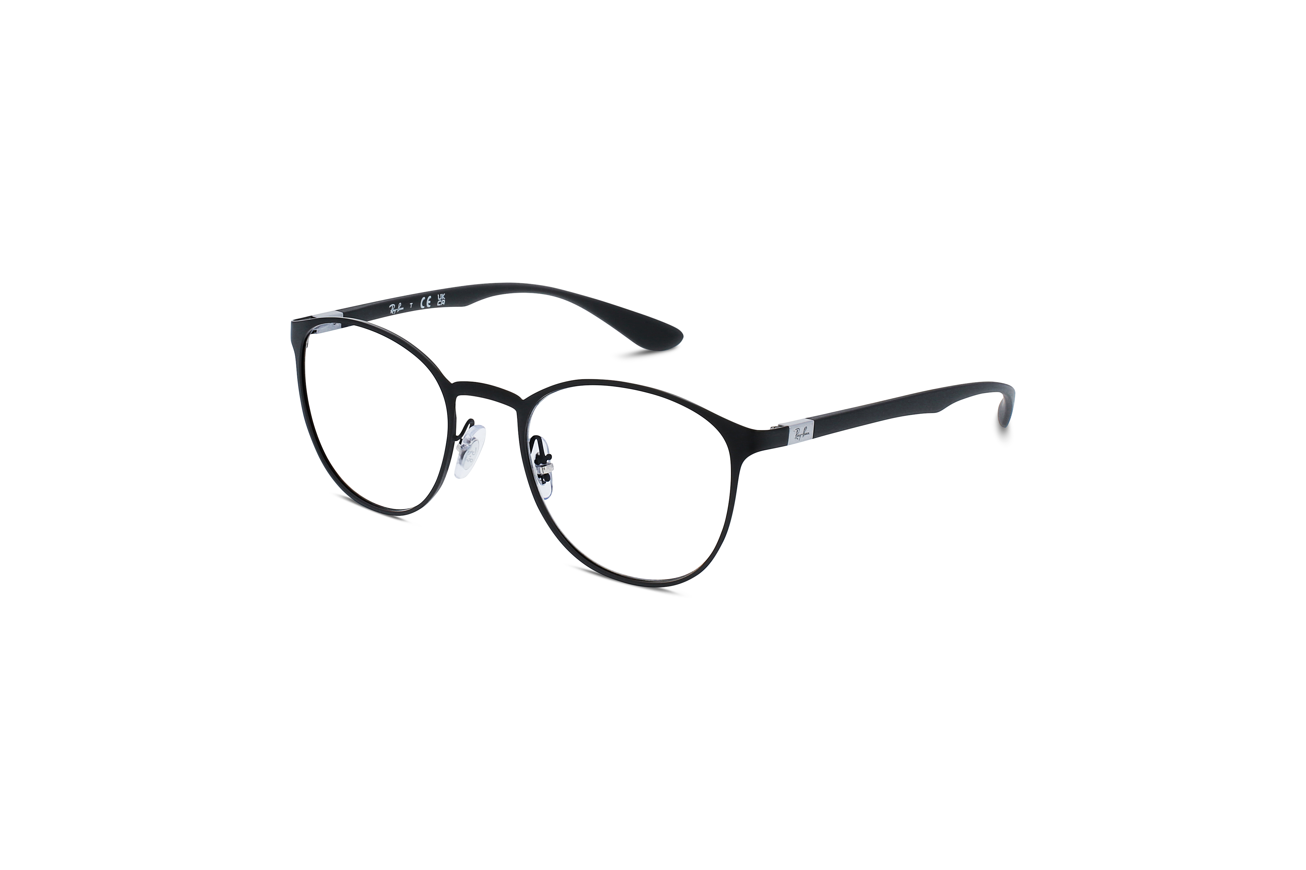 45° Ansicht der Brille Ray-Ban RX6355 in Schwarz auf weißem Hintergrund.