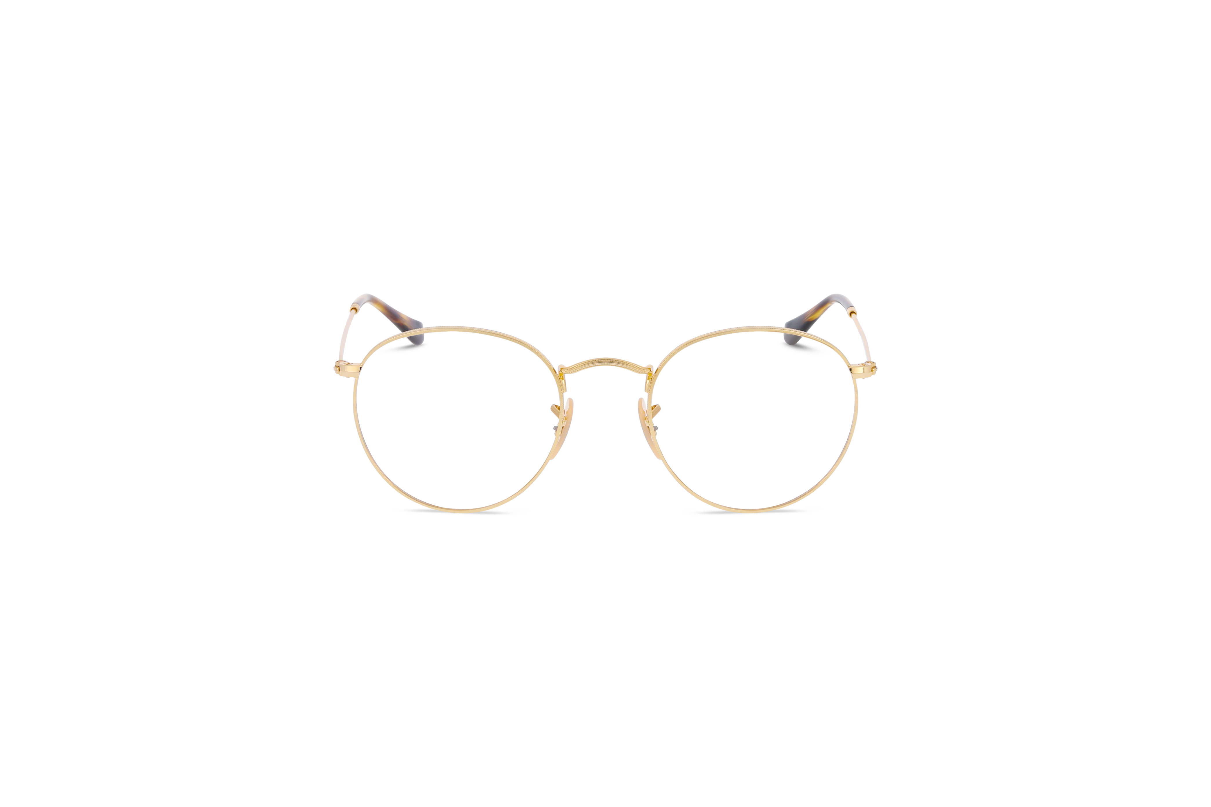 Die Brille Ray-Ban RX3447V in Gold auf weißem Hintergrund in Frontalansicht.