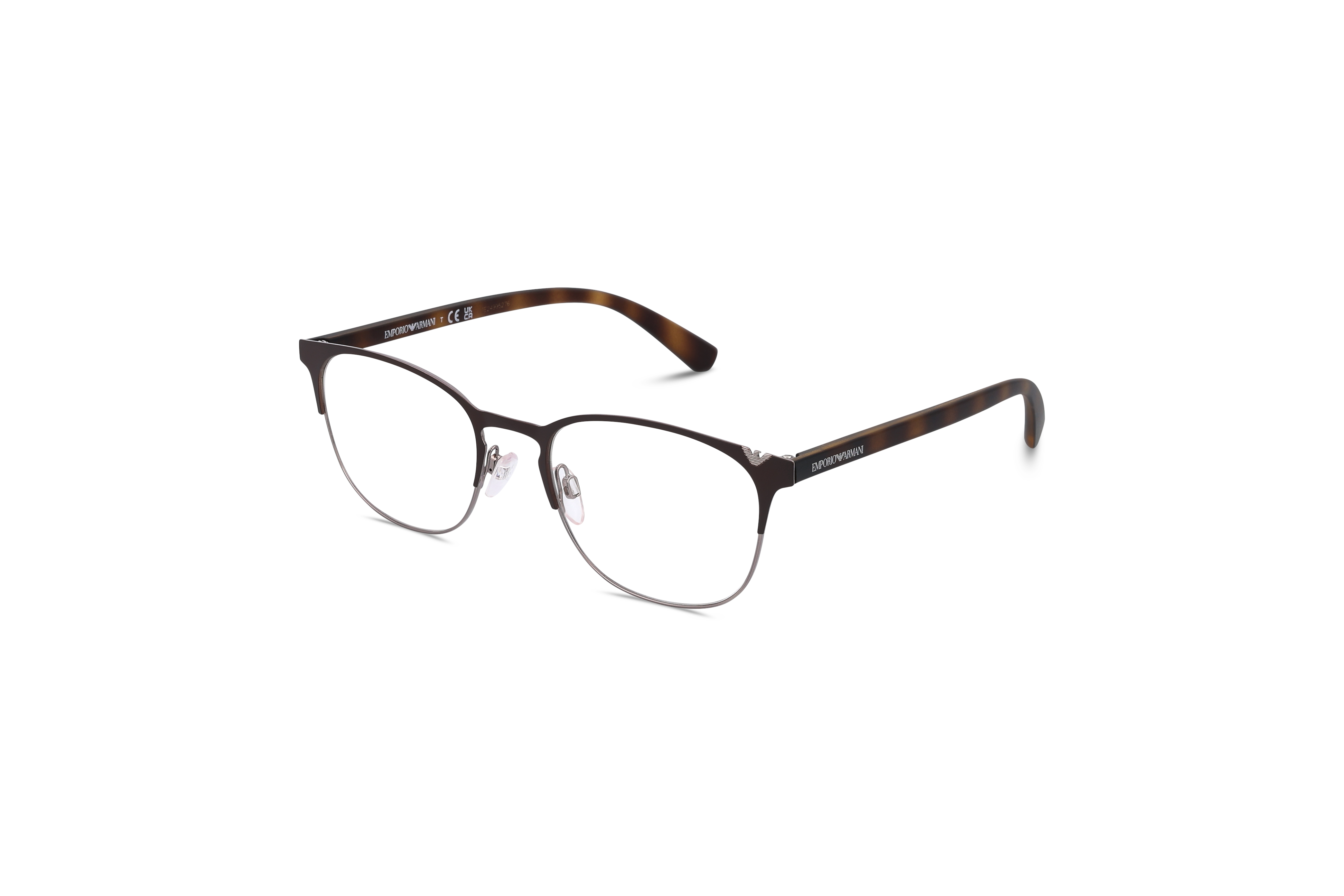 45° Ansicht der Brille Emporio Armani EA1059 in Braun auf weißem Hintergrund.