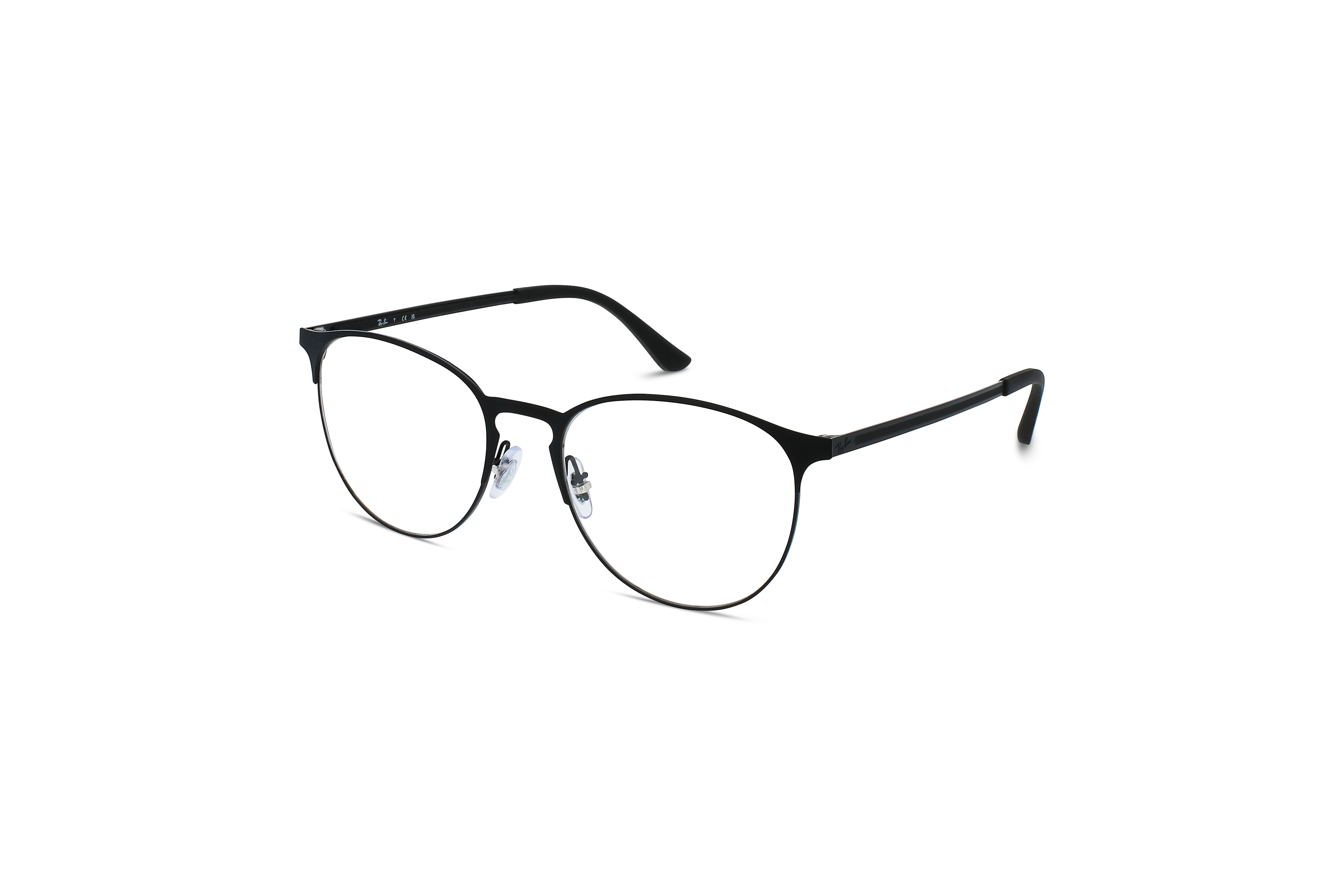 45° Ansicht der Brille Ray-Ban RX6375 in Schwarz auf weißem Hintergrund.
