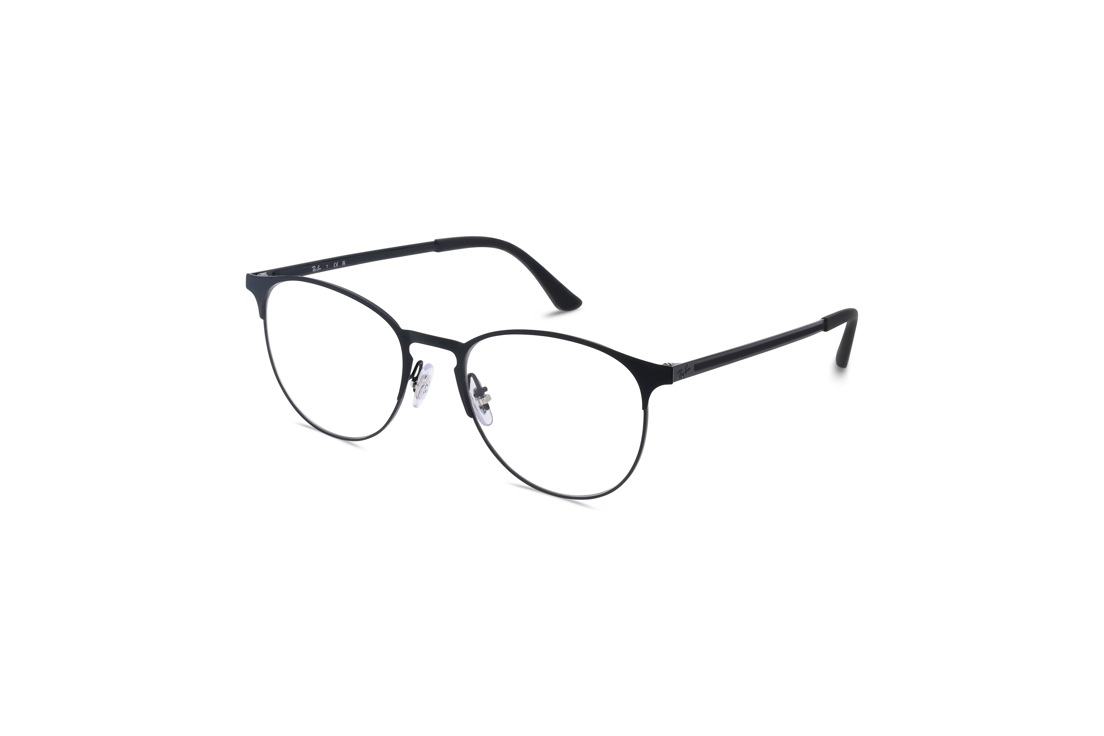 45° Ansicht der Brille Ray-Ban RX6375 in Schwarz auf weißem Hintergrund.