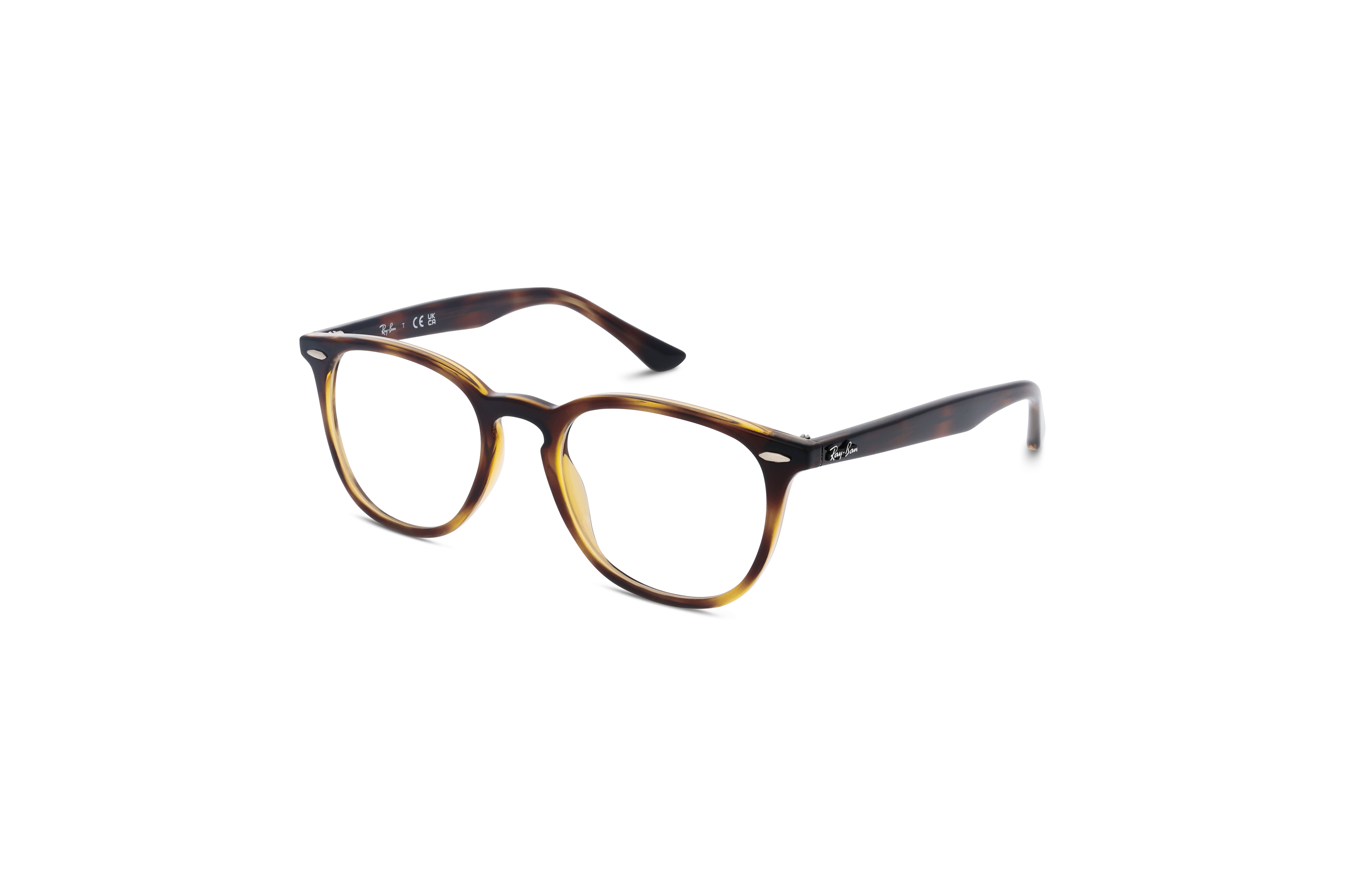 45° Ansicht der Brille Ray-Ban RX7159 in Transparent auf weißem Hintergrund.
