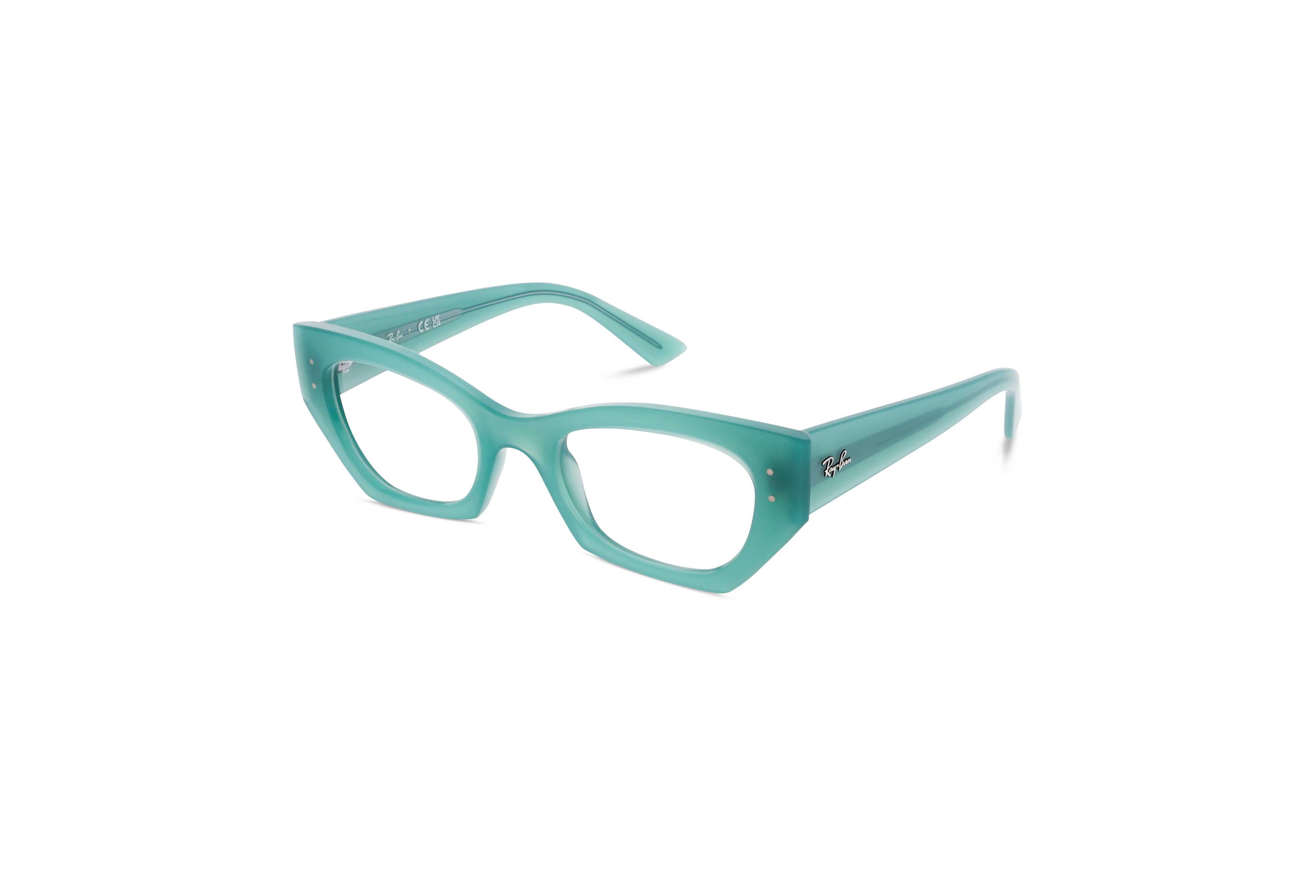 45° Ansicht der Brille Ray-Ban RX7330 in Türkis auf weißem Hintergrund.