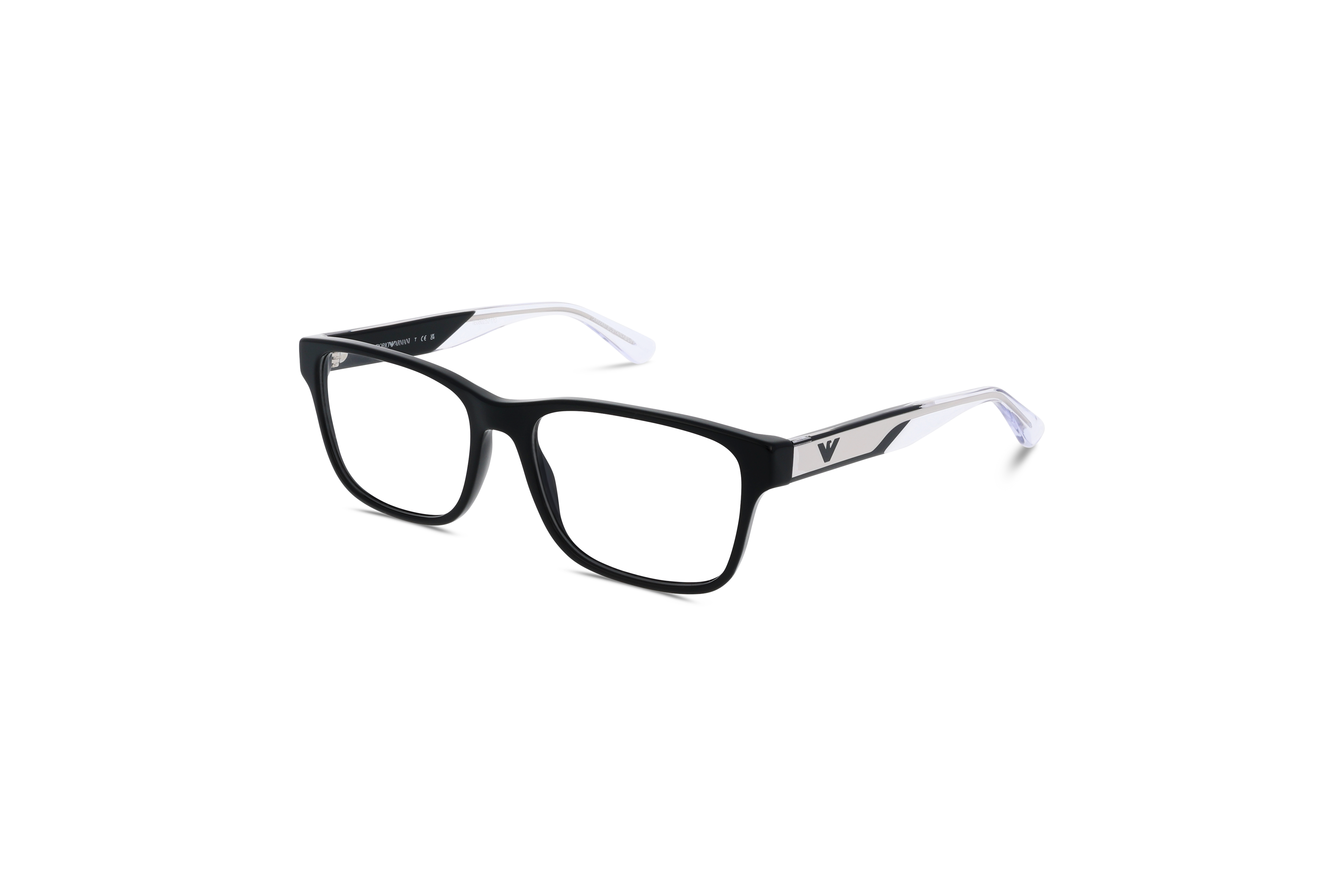 45° Ansicht der Brille Emporio Armani EA3239 in Schwarz auf weißem Hintergrund.