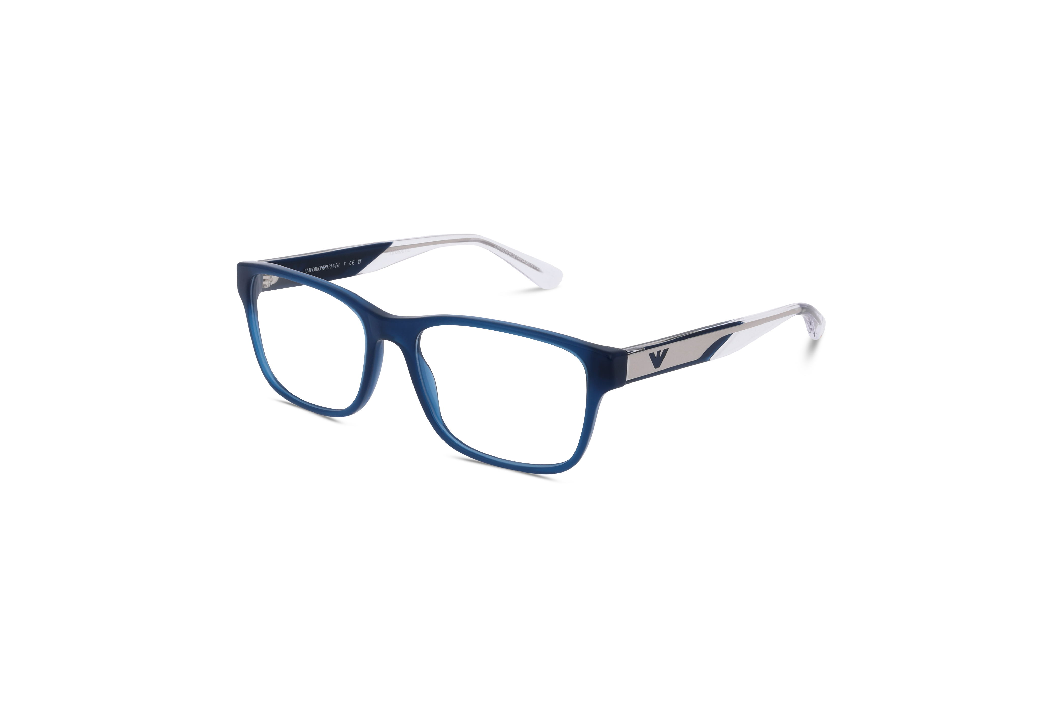 45° Ansicht der Brille Emporio Armani EA3239 in Blau auf weißem Hintergrund.