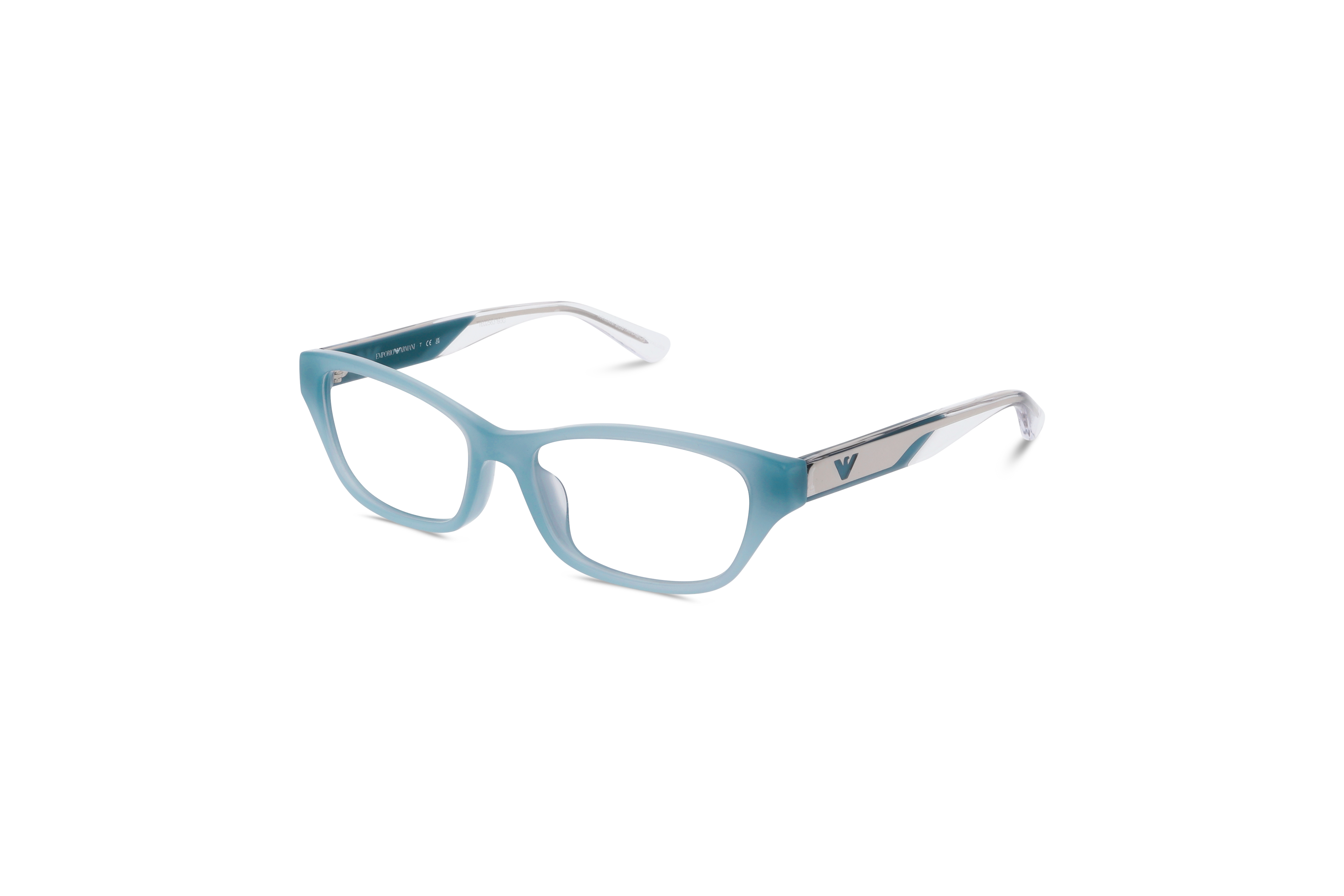 45° Ansicht der Brille Emporio Armani EA3238U in Blau auf weißem Hintergrund.