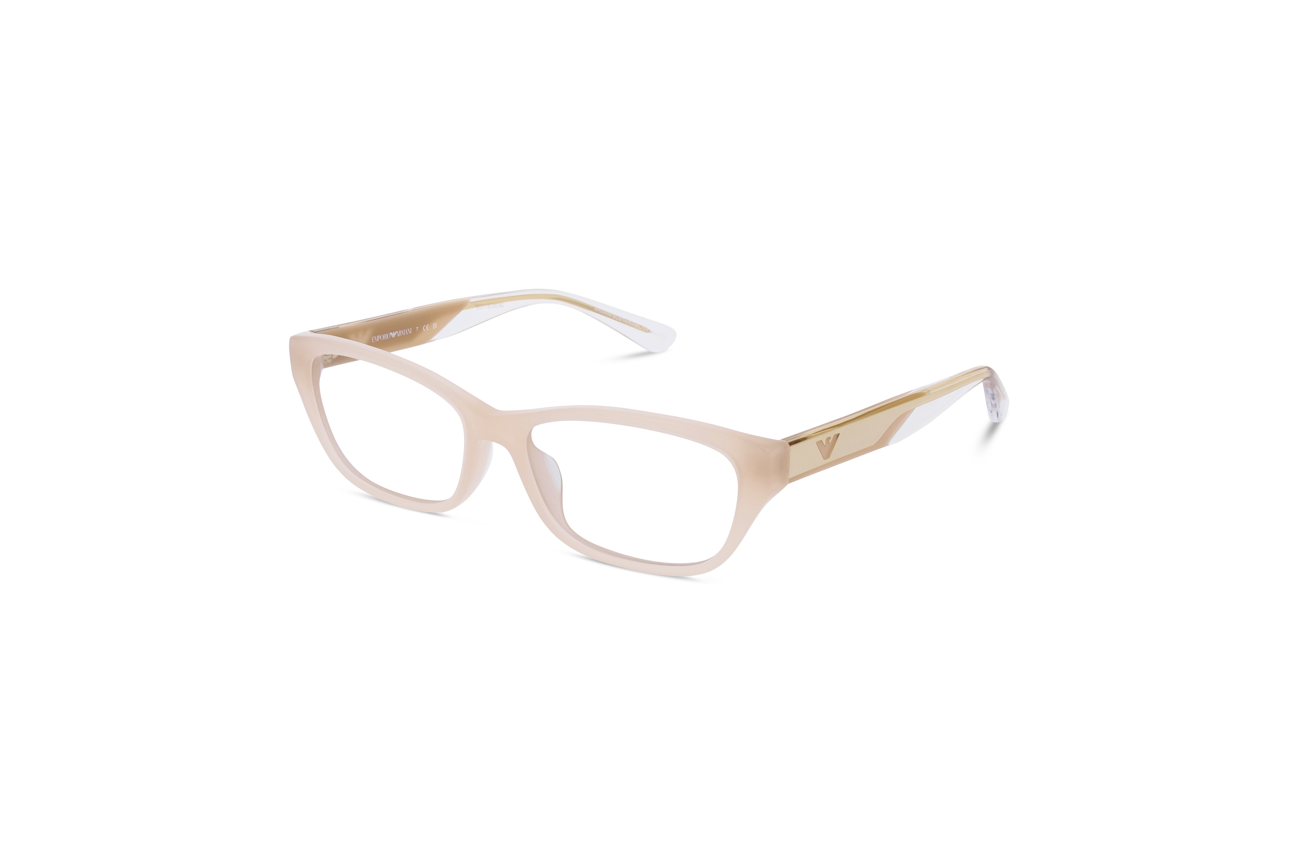 45° Ansicht der Brille Emporio Armani EA3238U in Pink auf weißem Hintergrund.