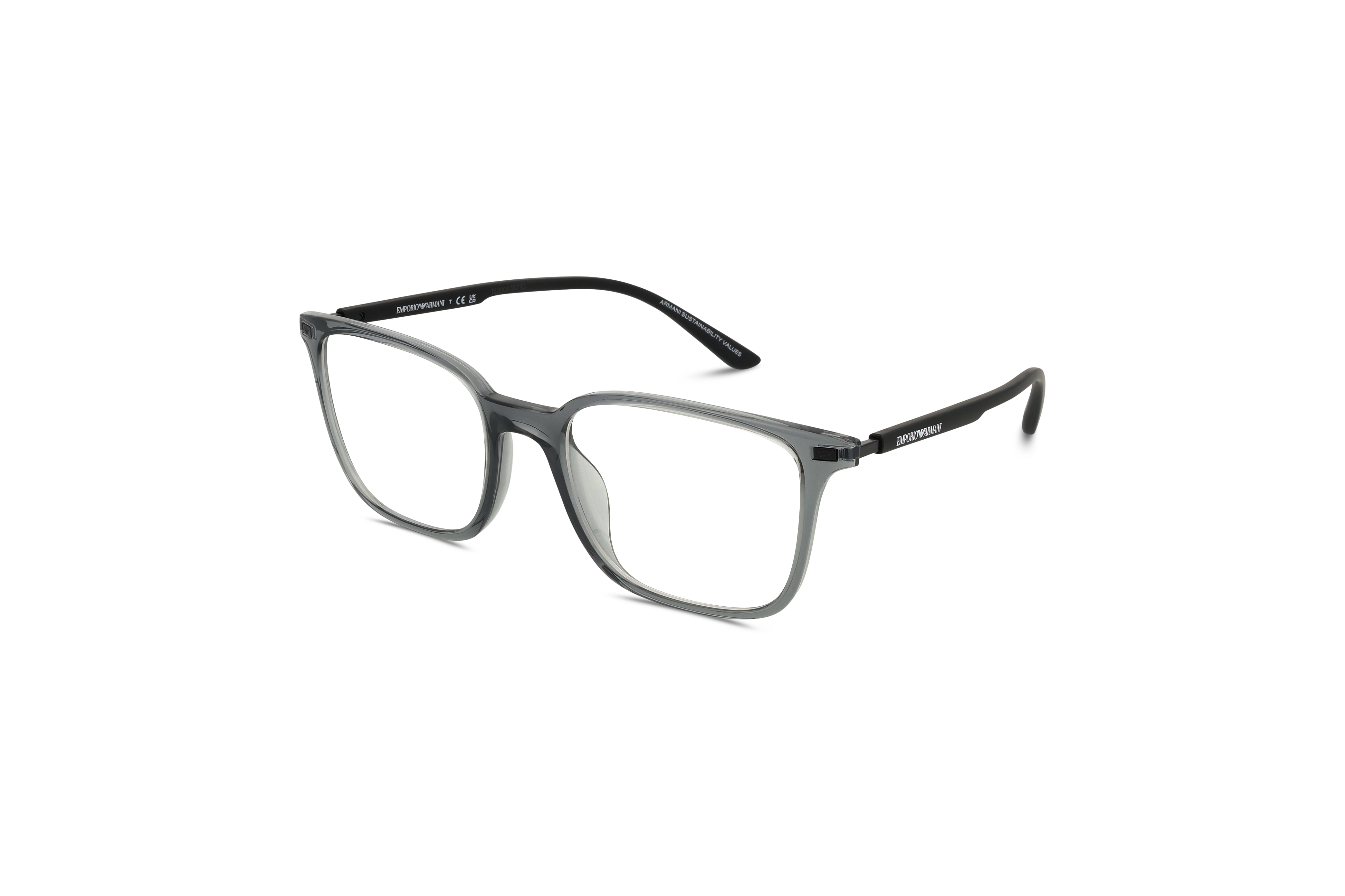 45° Ansicht der Brille Emporio Armani EA3242U in Grau auf weißem Hintergrund.