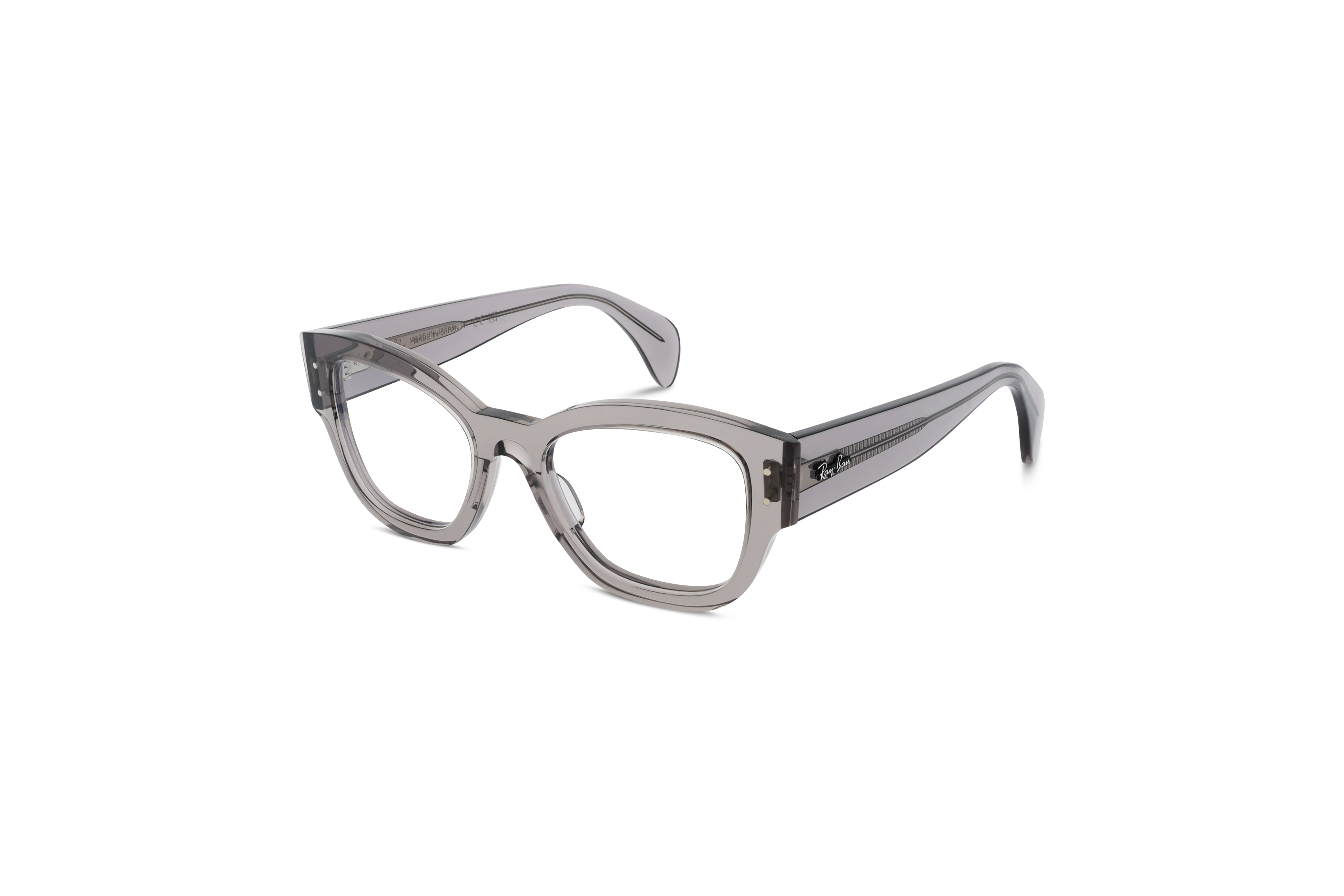45° Ansicht der Brille Ray-Ban RX7681V in Transparent auf weißem Hintergrund.