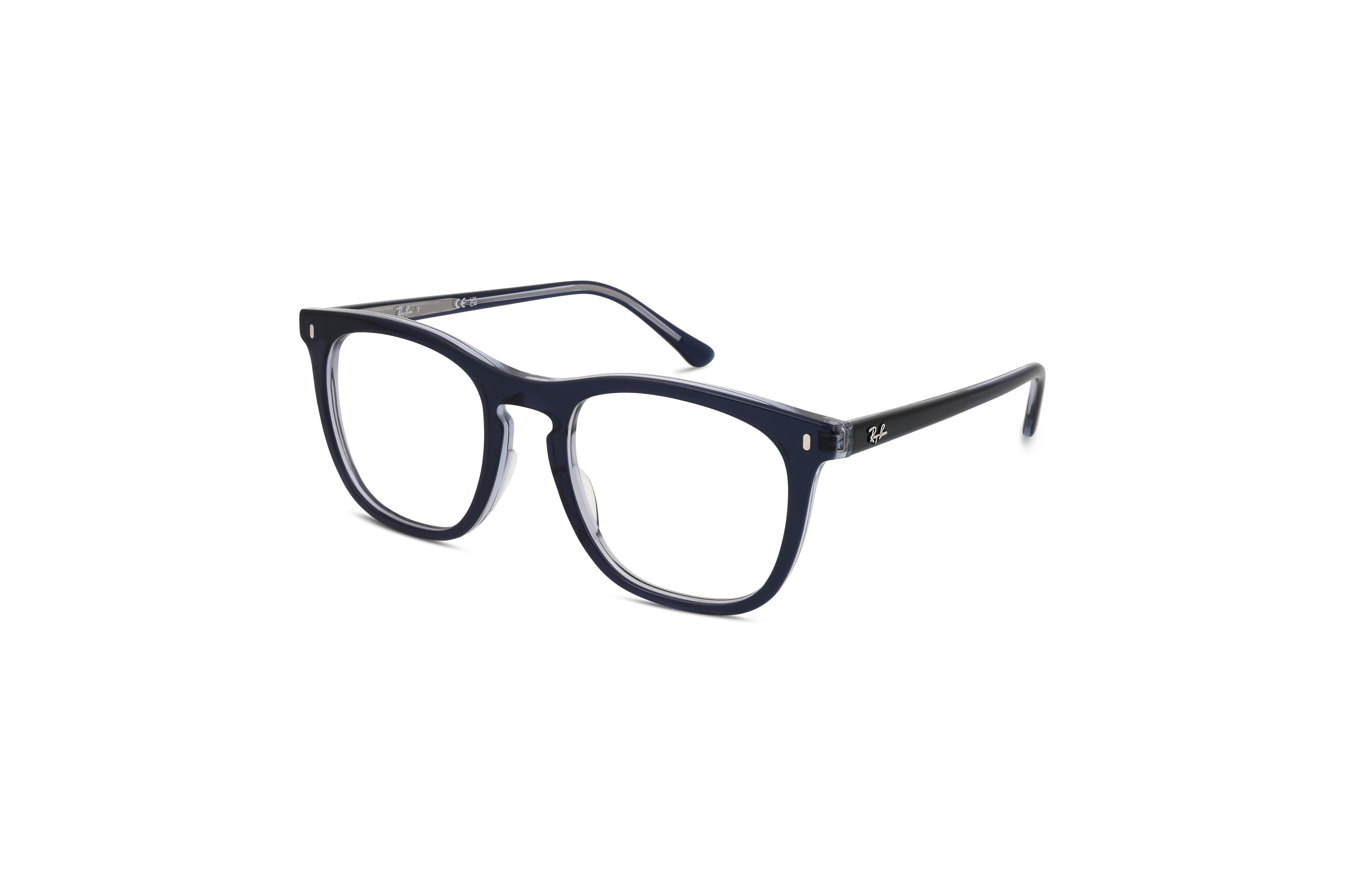 45° Ansicht der Brille Ray-Ban RX2210V in Blau auf weißem Hintergrund.