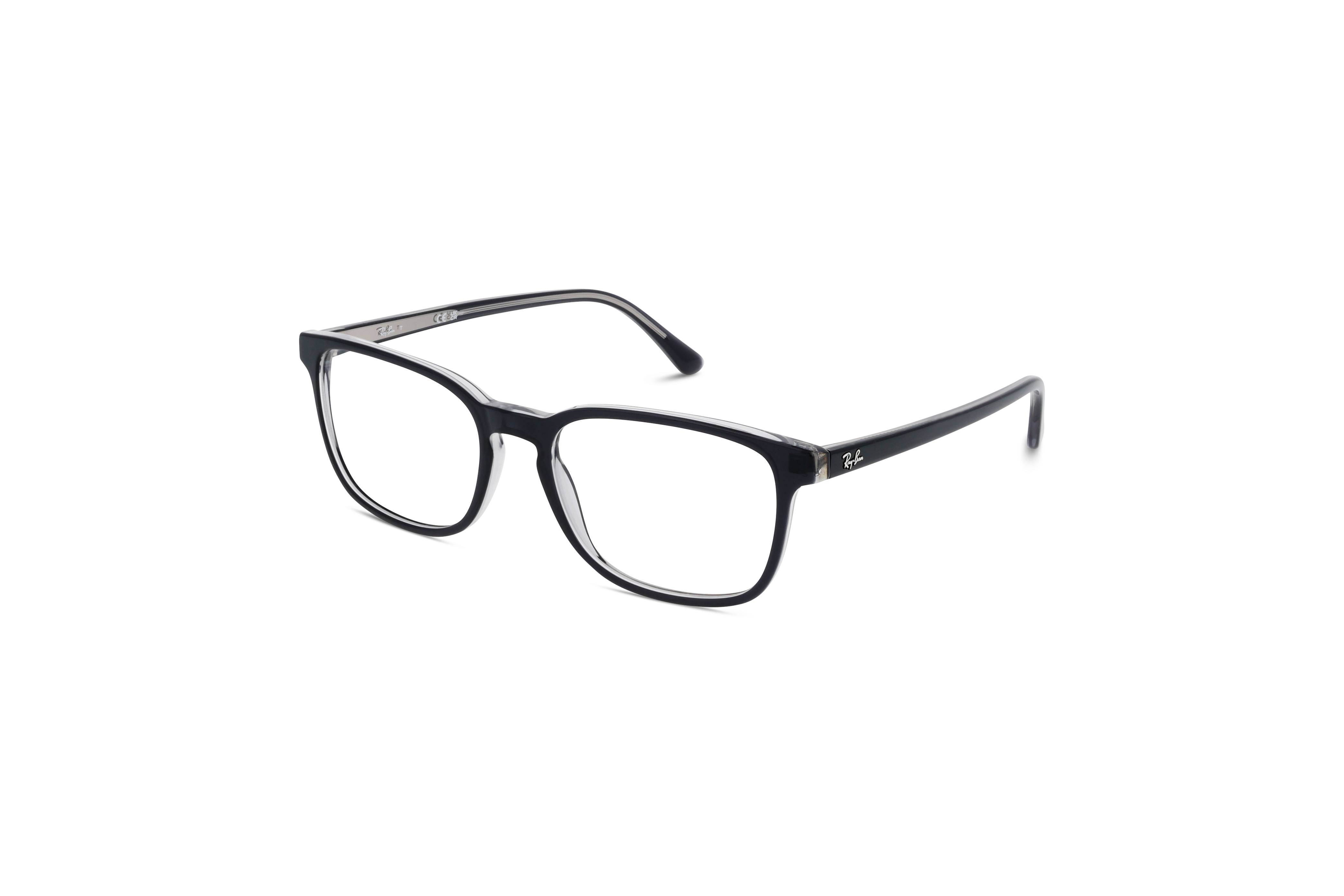 45° Ansicht der Brille Ray-Ban RX5418 in Schwarz auf weißem Hintergrund.
