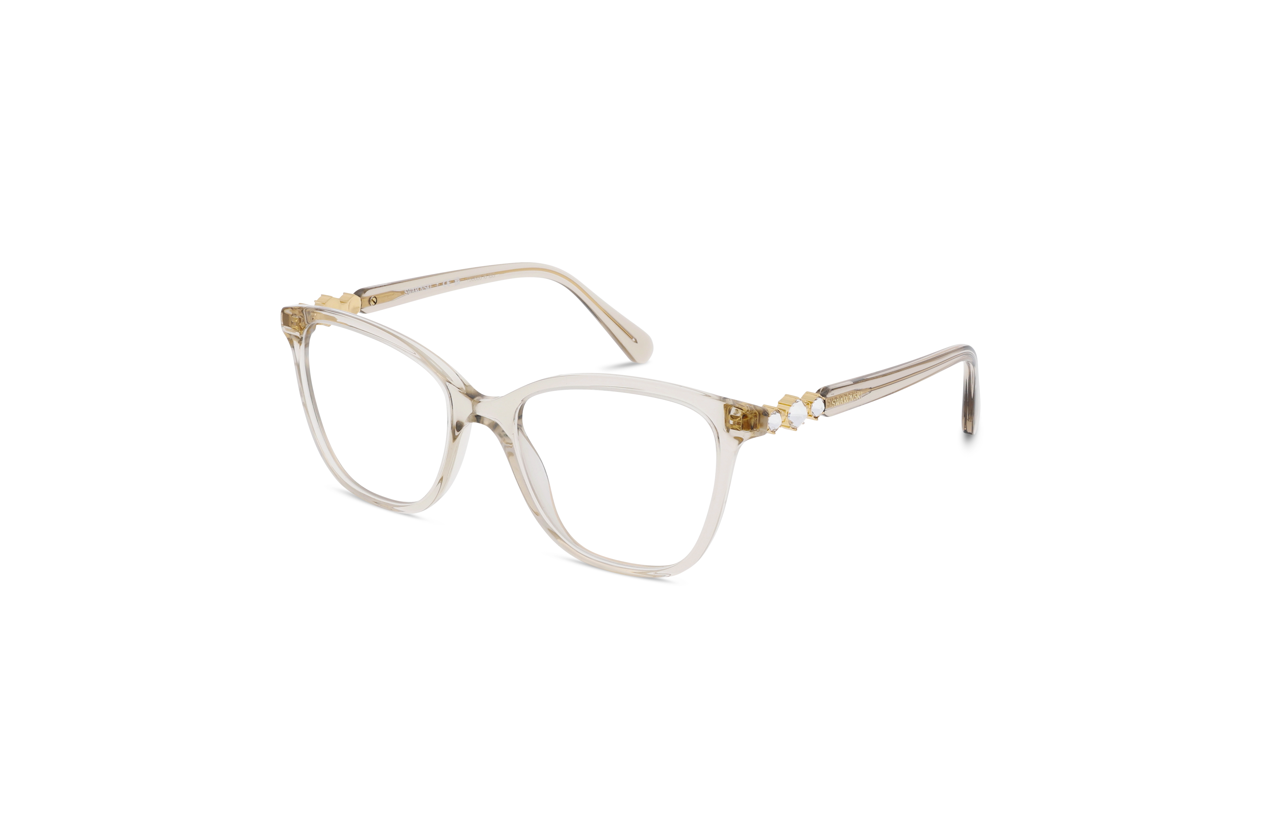 45° Ansicht der Brille Swarovski SK2020 in Transparent auf weißem Hintergrund.