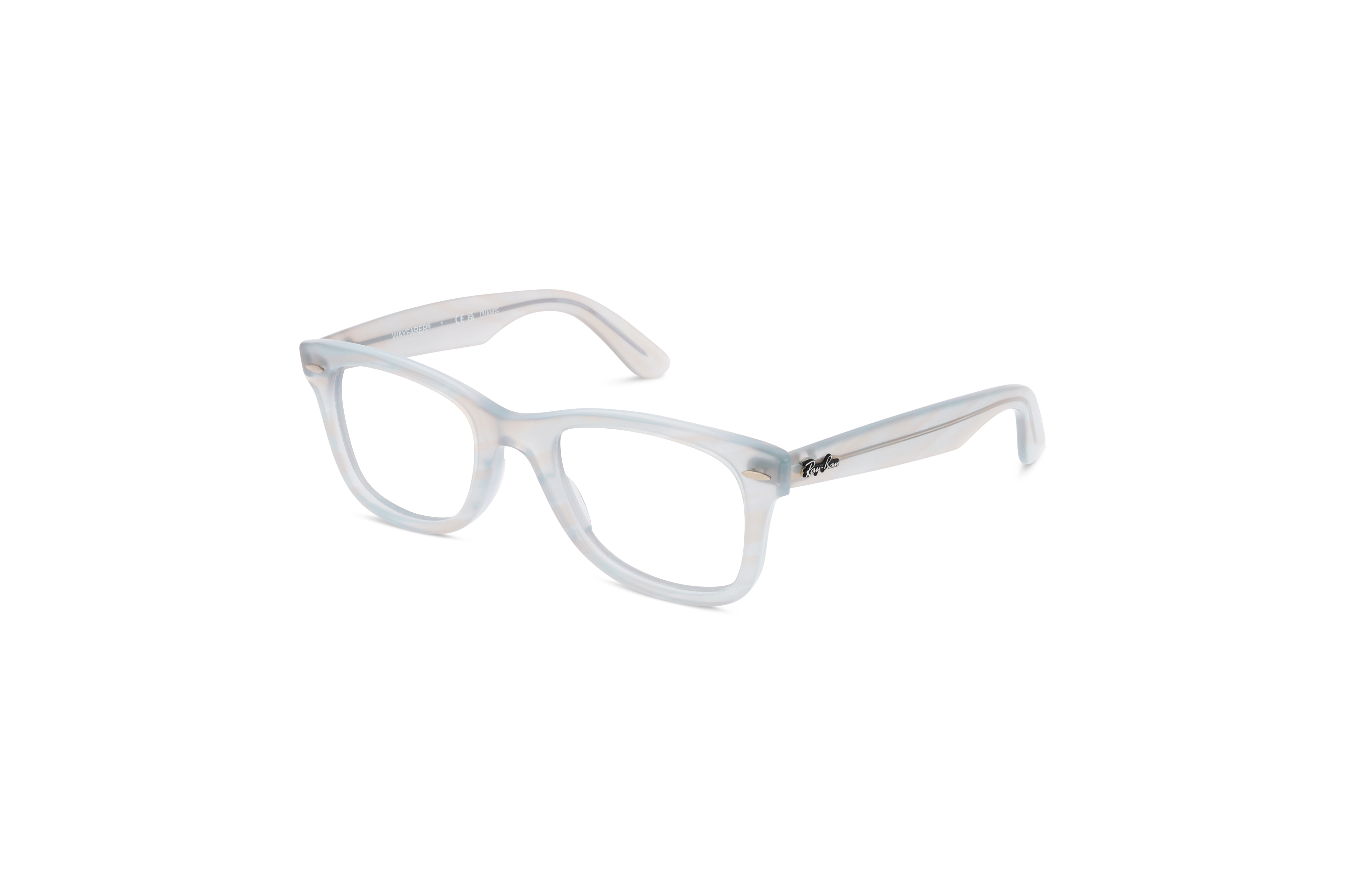 45° Ansicht der Brille Ray-Ban RX4340V in Transparent auf weißem Hintergrund.