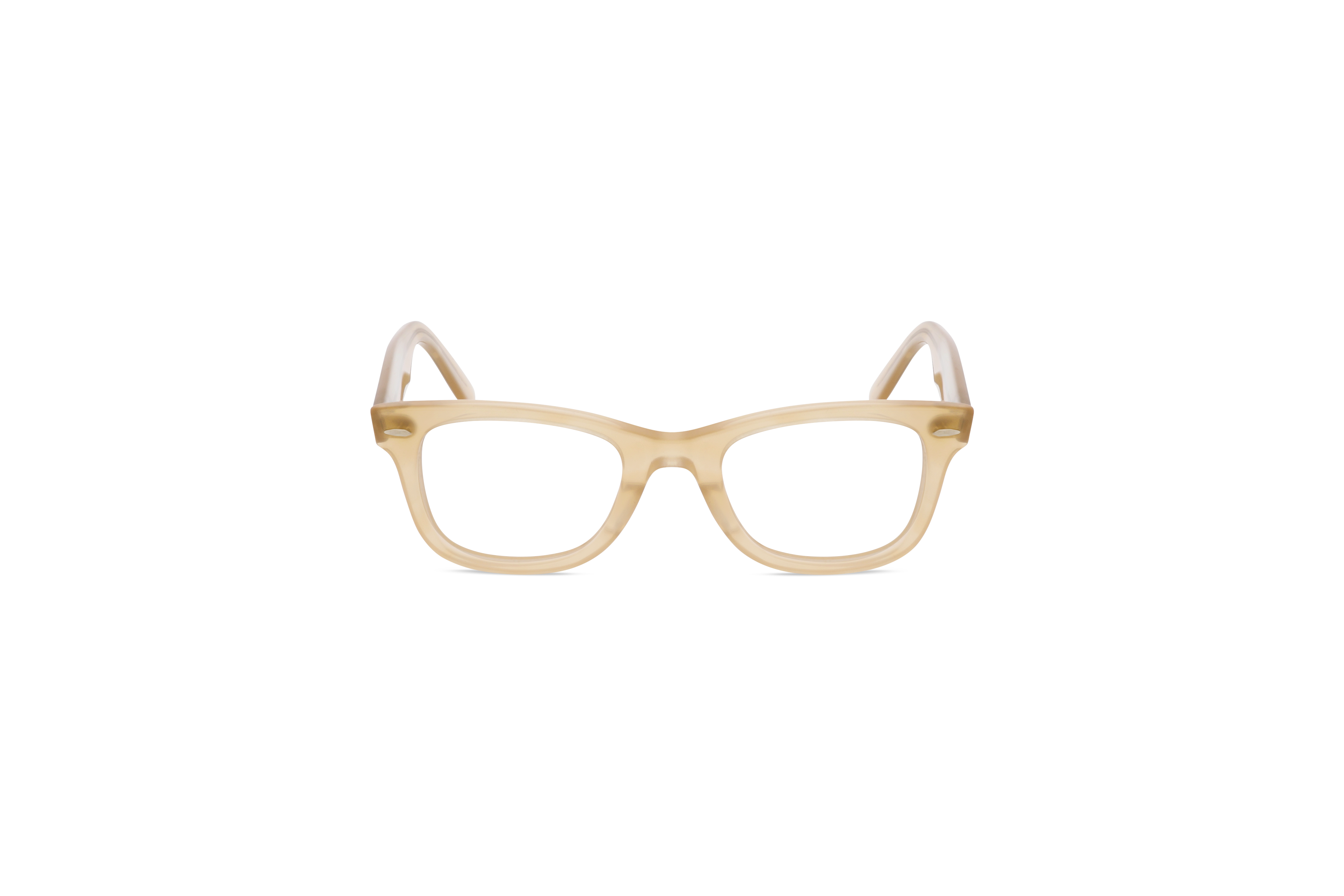 Die Brille Ray-Ban RX4340V in Transparent auf weißem Hintergrund in Frontalansicht.