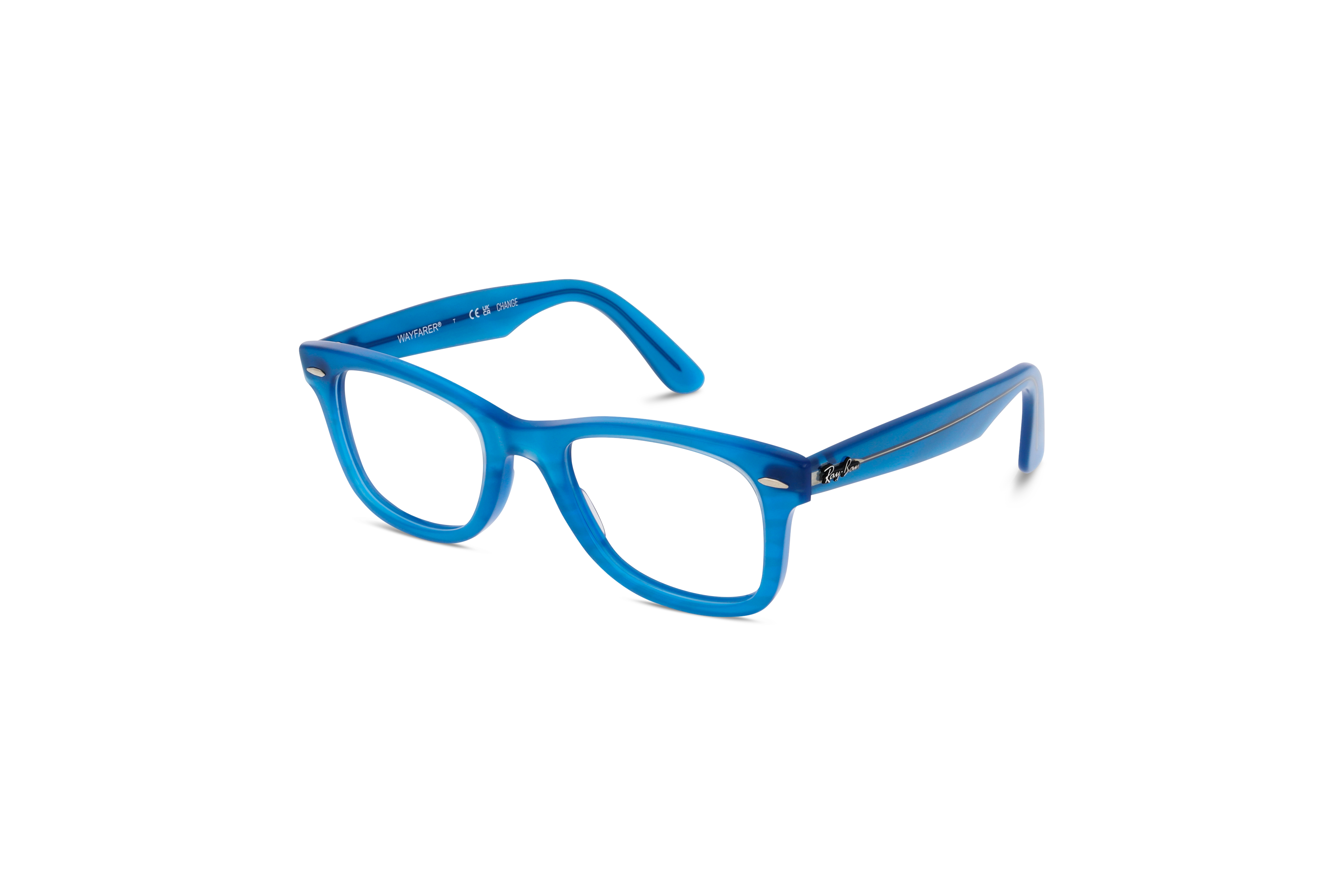 45° Ansicht der Brille Ray-Ban RX4340V in Blau auf weißem Hintergrund.