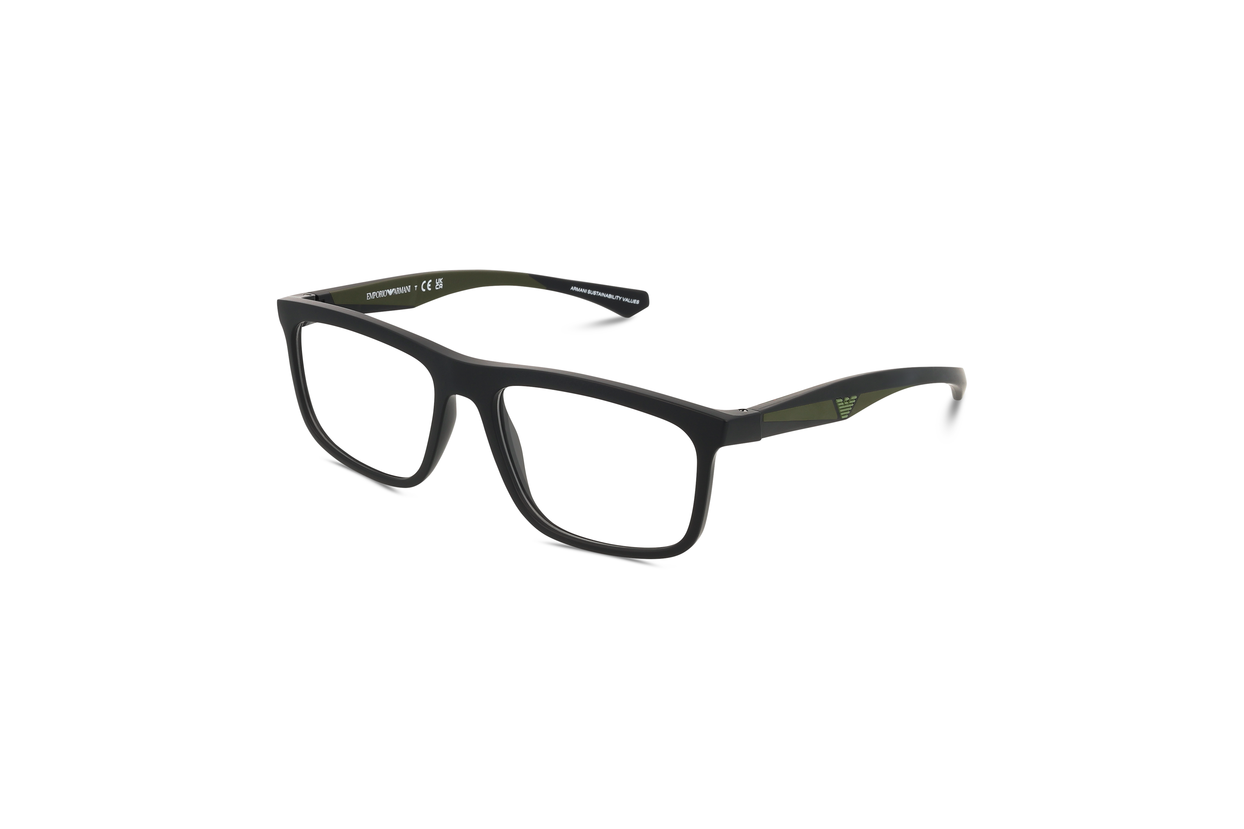 45° Ansicht der Brille Emporio Armani EA3246 in Schwarz auf weißem Hintergrund.