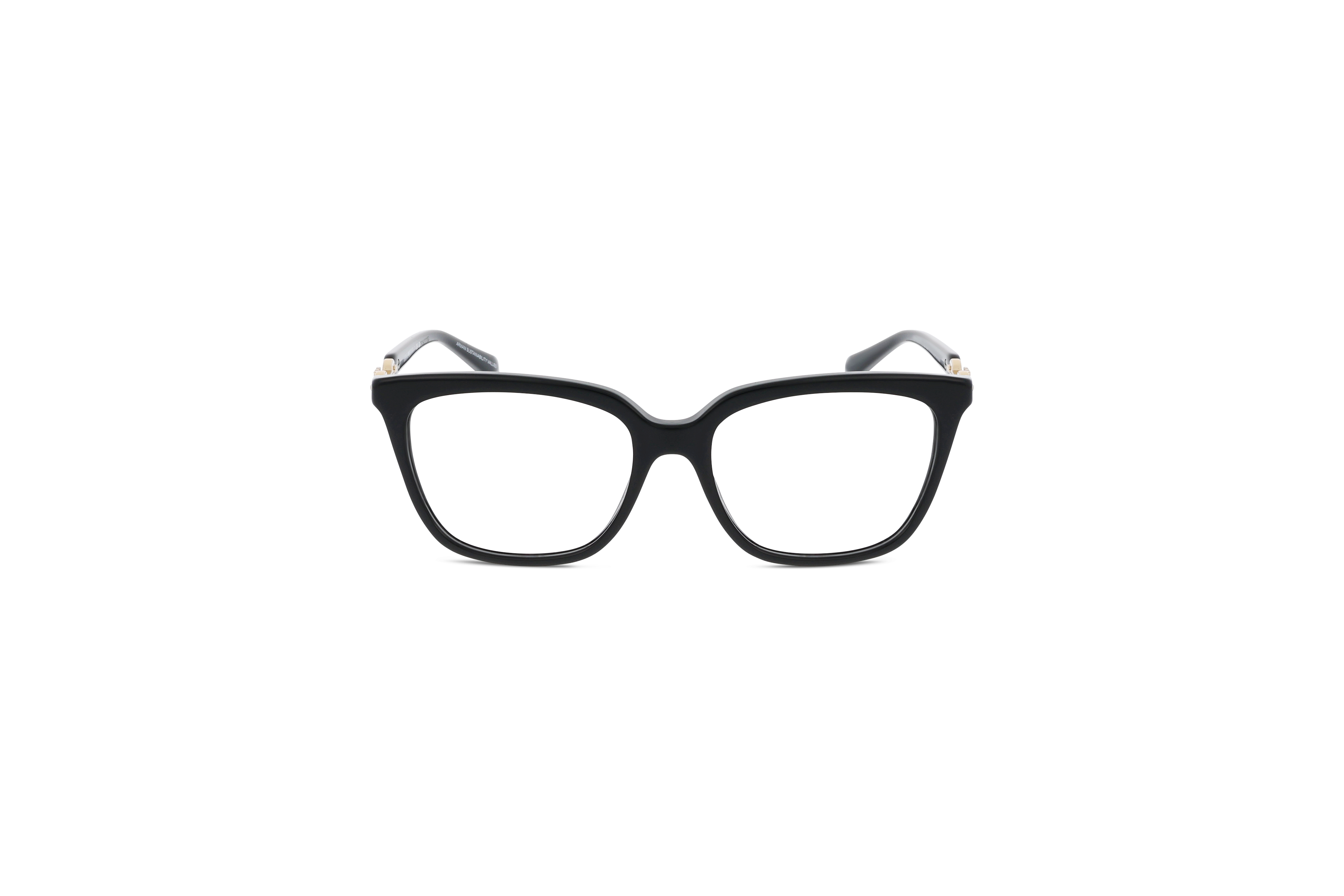 Die Brille Emporio Armani EA3248 in Schwarz auf weißem Hintergrund in Frontalansicht.