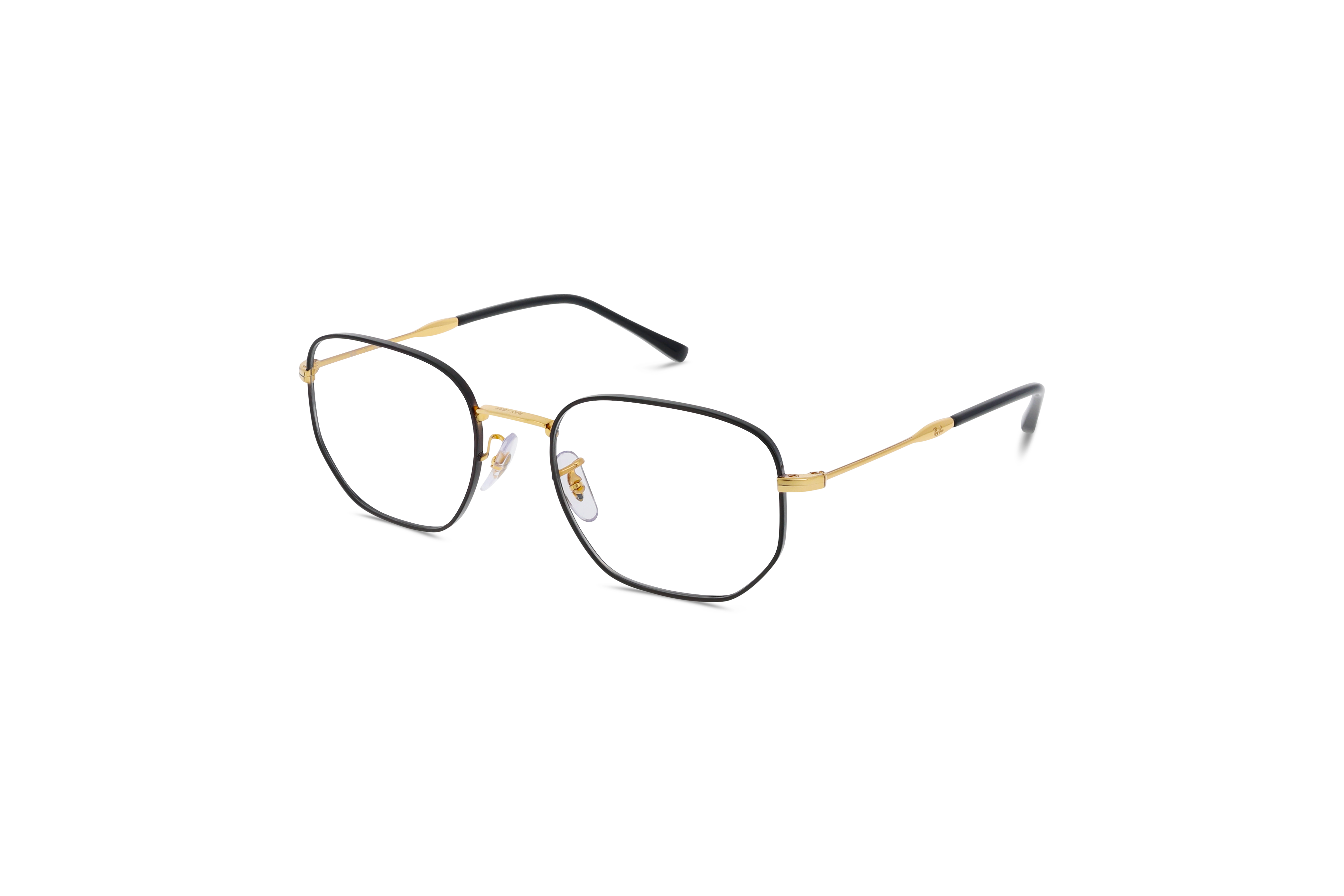 45° Ansicht der Brille Ray-Ban RX6496 in Schwarz auf weißem Hintergrund.