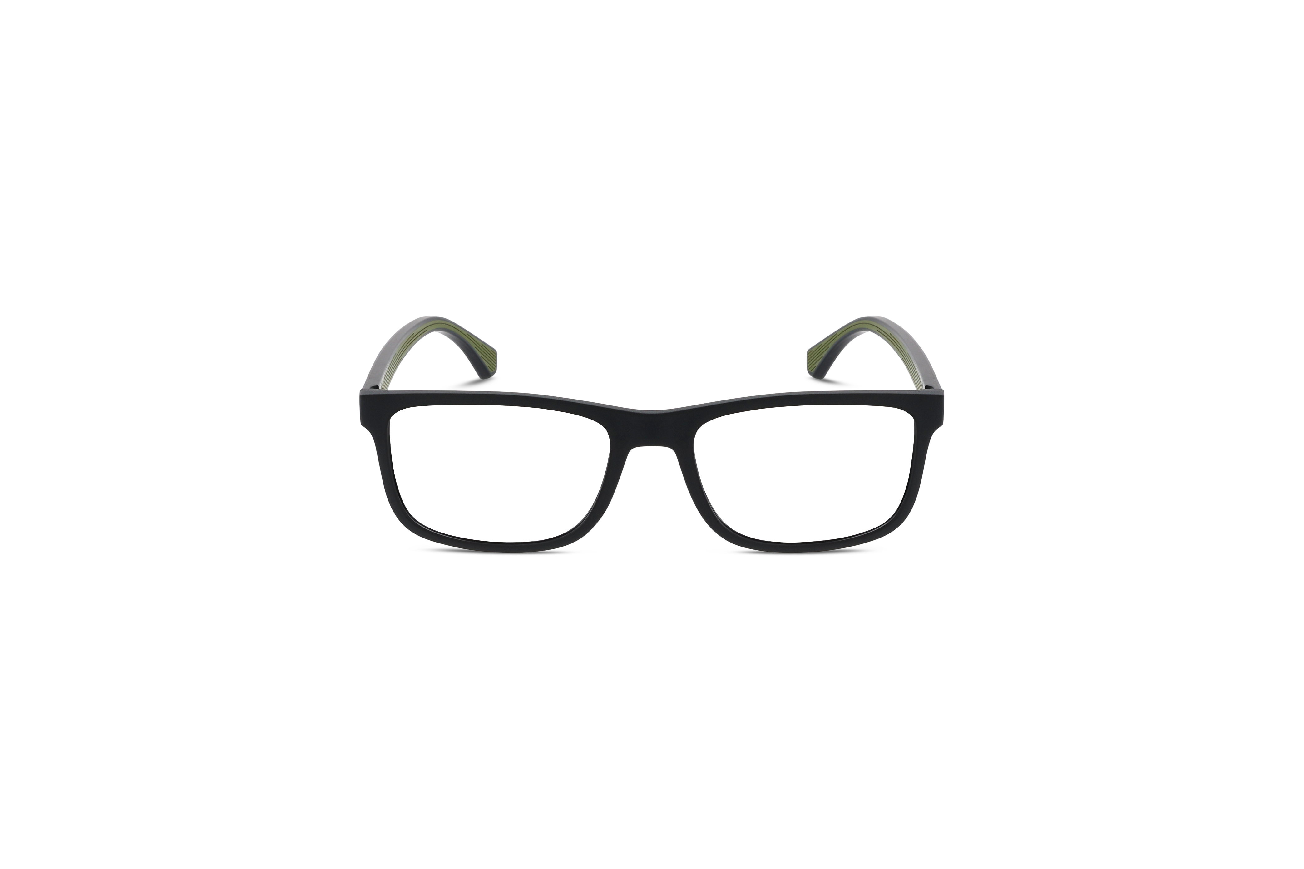 Die Brille Emporio Armani EA3147 in Schwarz auf weißem Hintergrund in Frontalansicht.