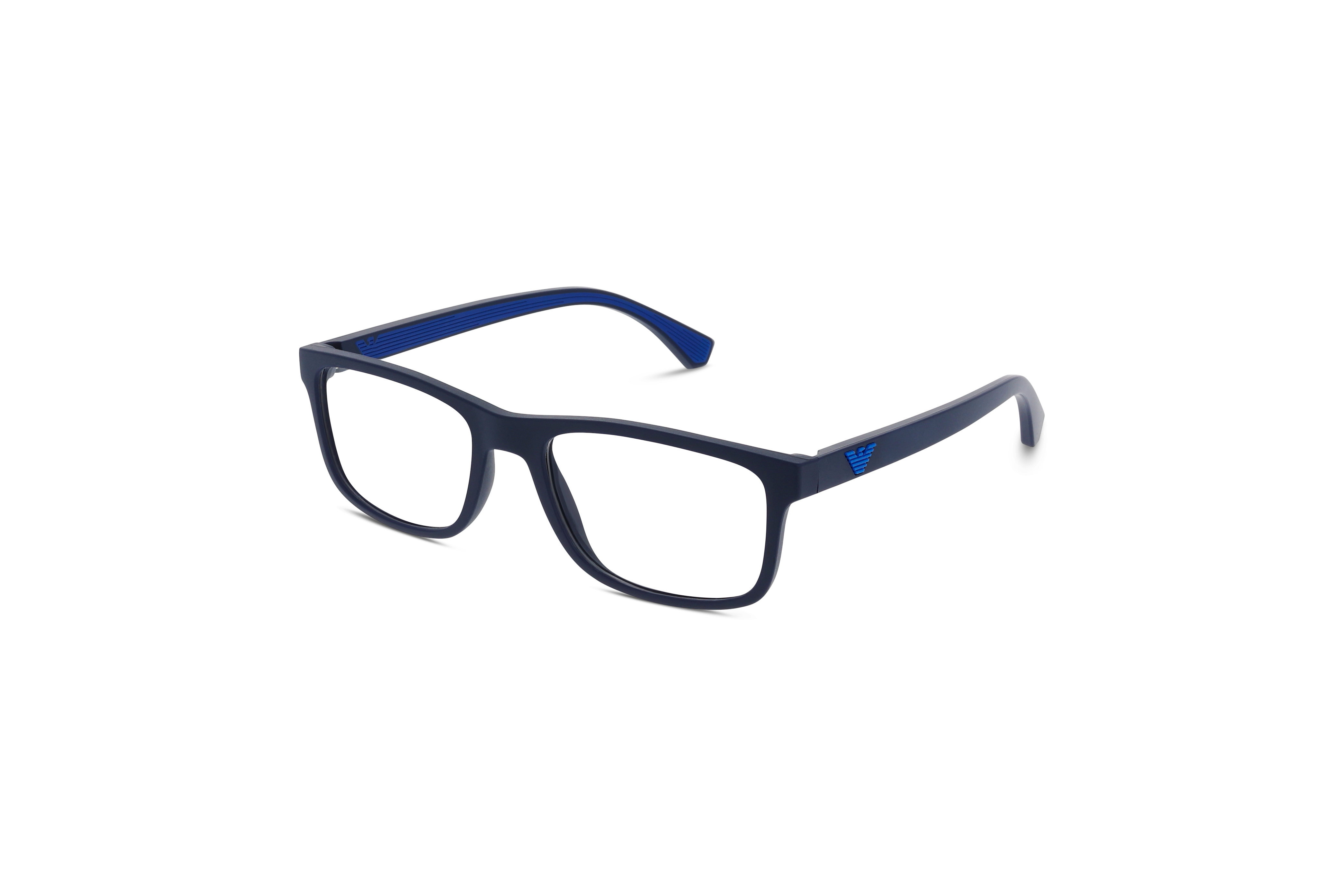 45° Ansicht der Brille Emporio Armani EA3147 in Blau auf weißem Hintergrund.