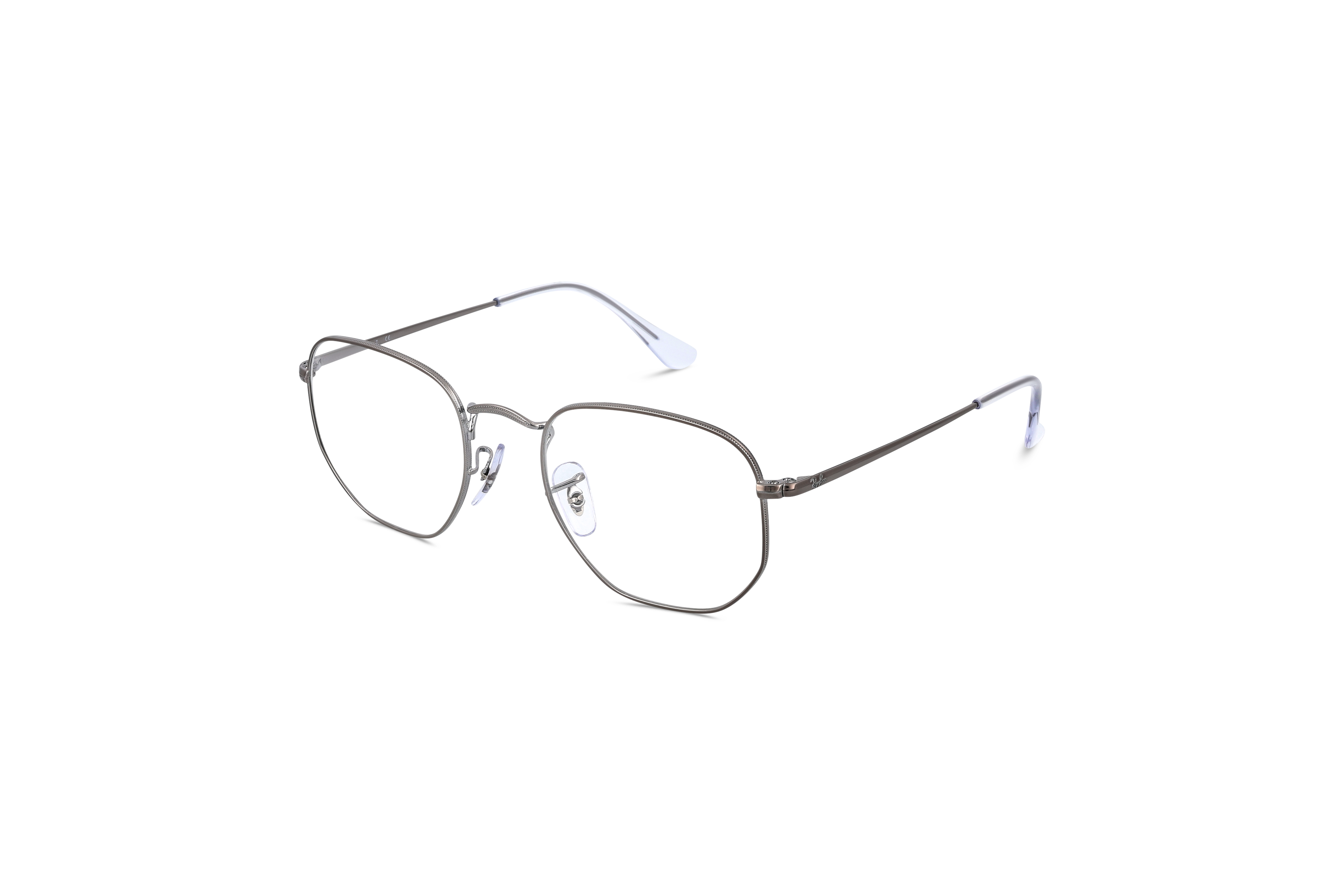 45° Ansicht der Brille Ray-Ban RX6448 in Metallisch auf weißem Hintergrund.
