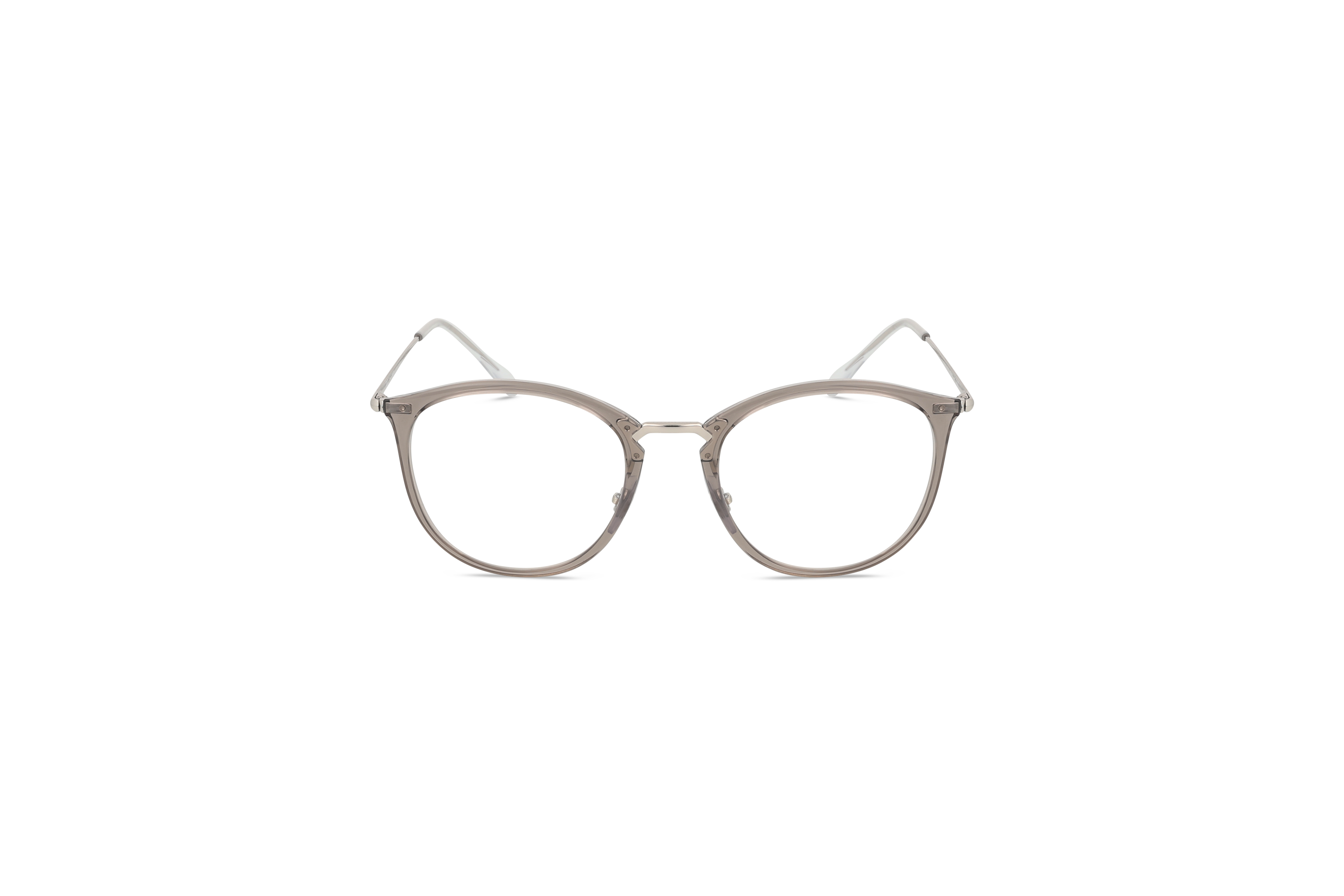 Die Brille Ray-Ban RX7140 in Transparent auf weißem Hintergrund in Frontalansicht.