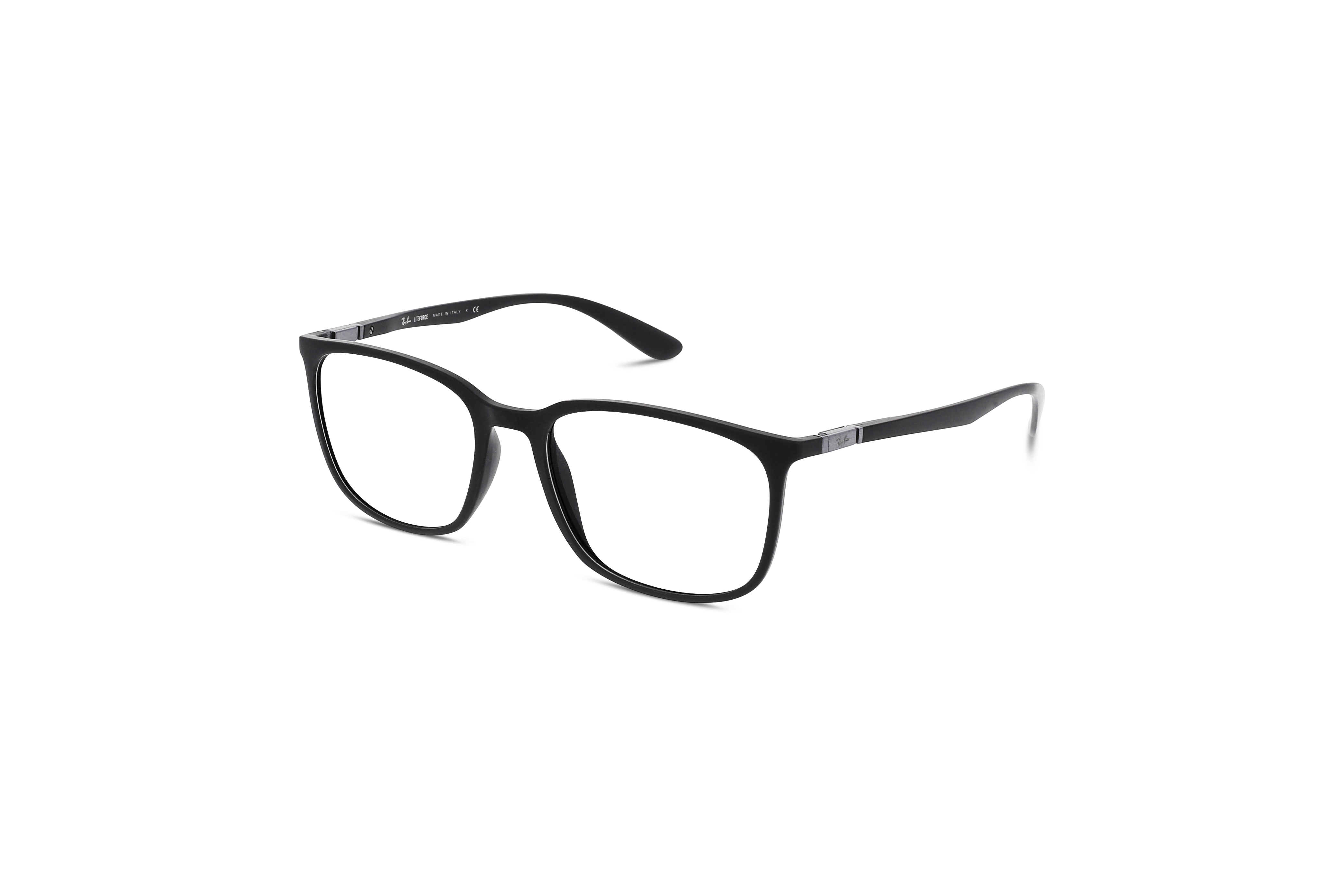 45° Ansicht der Brille Ray-Ban RX7199 in Schwarz auf weißem Hintergrund.