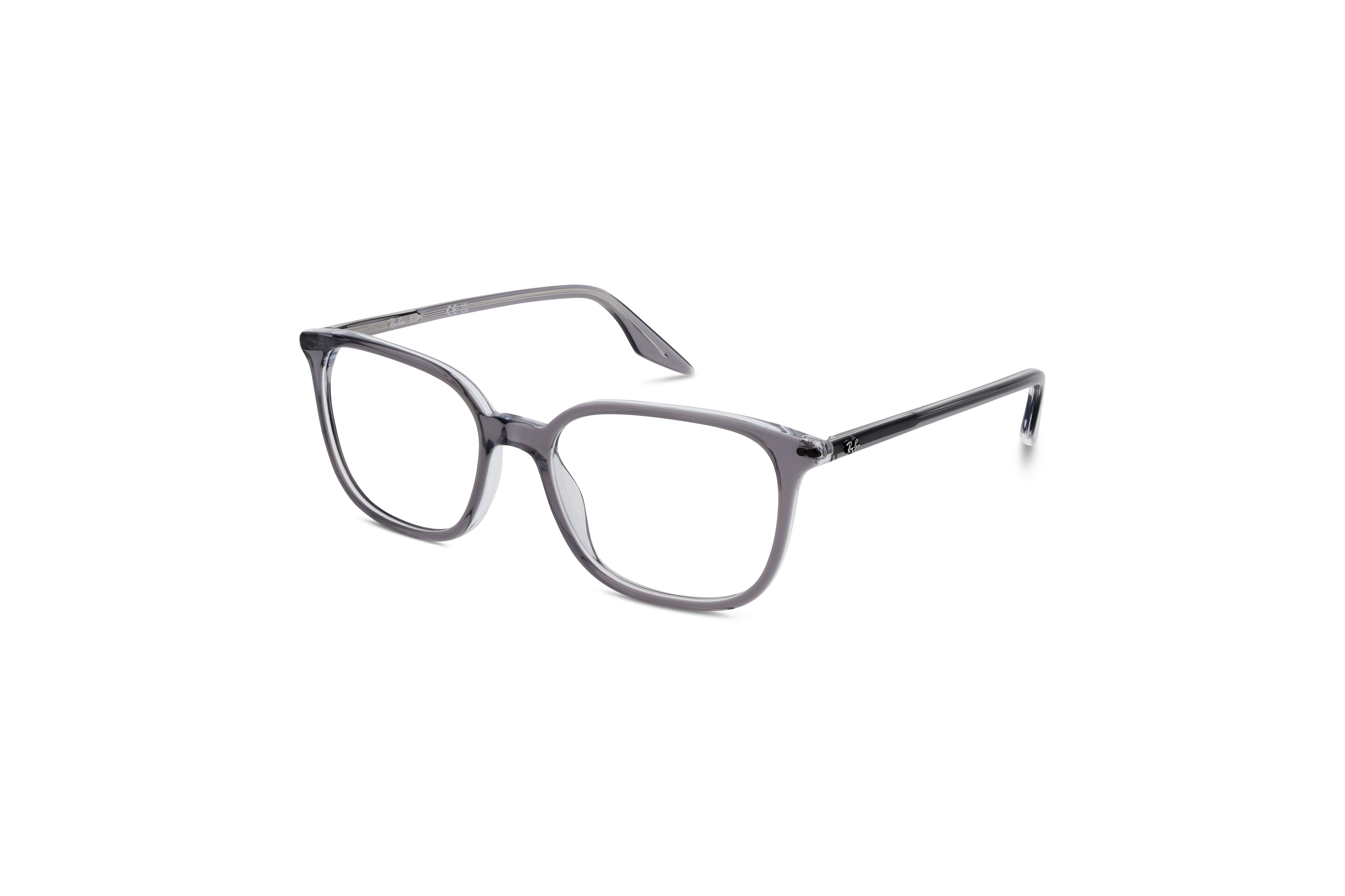 45° Ansicht der Brille Ray-Ban RX5406 in Transparent auf weißem Hintergrund.