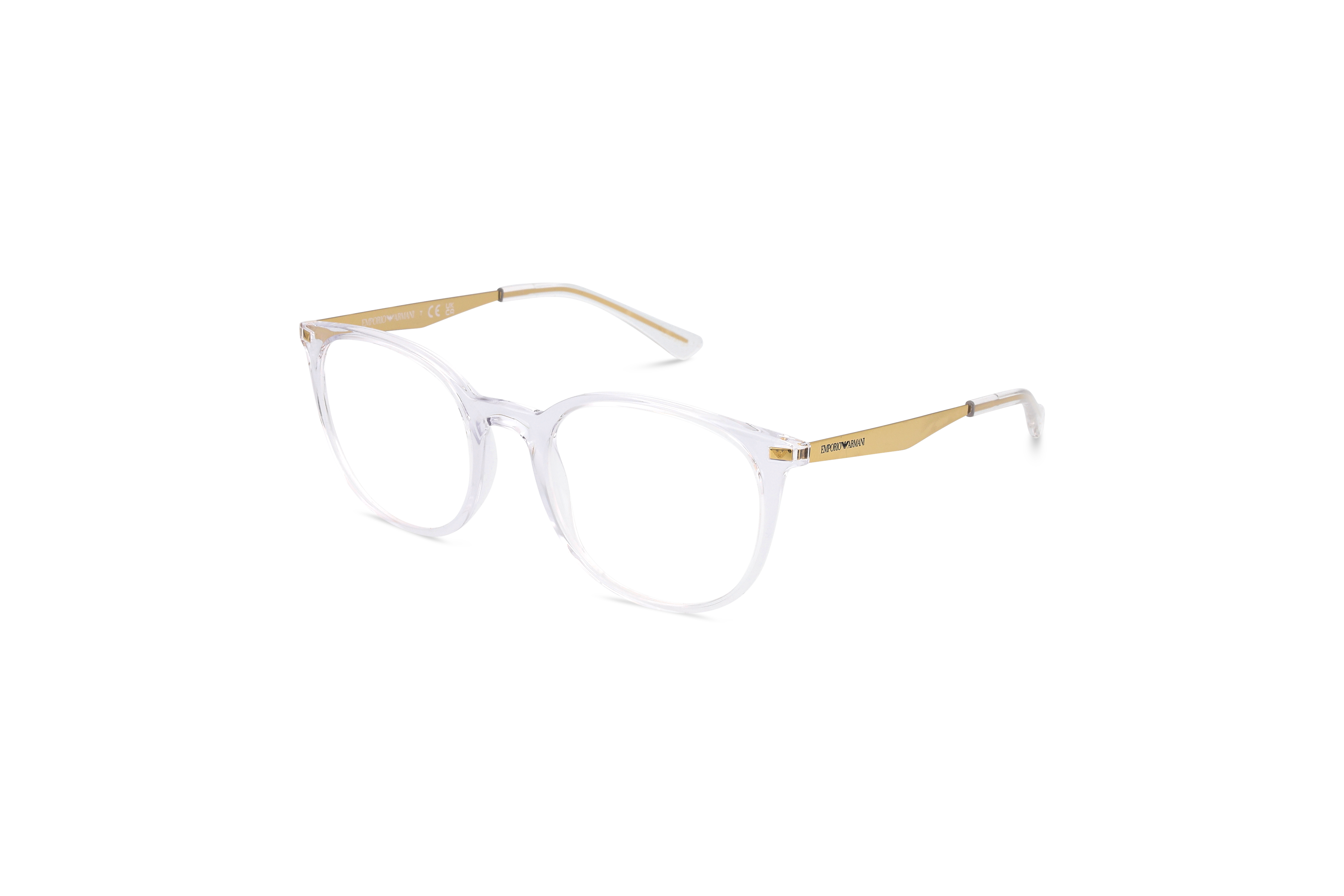 45° Ansicht der Brille Emporio Armani EA3168 in Transparent auf weißem Hintergrund.