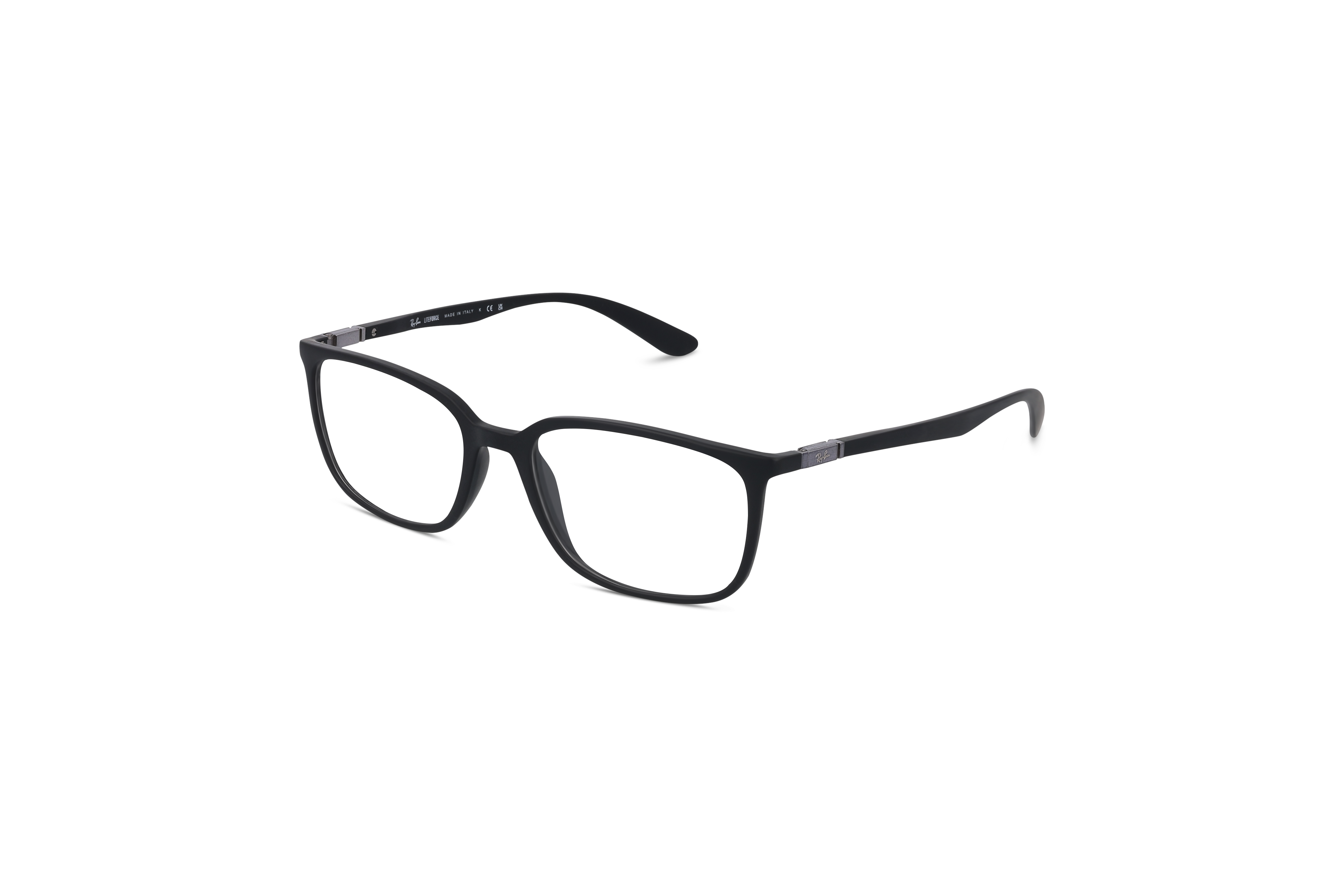45° Ansicht der Brille Ray-Ban RX7208 in Schwarz auf weißem Hintergrund.