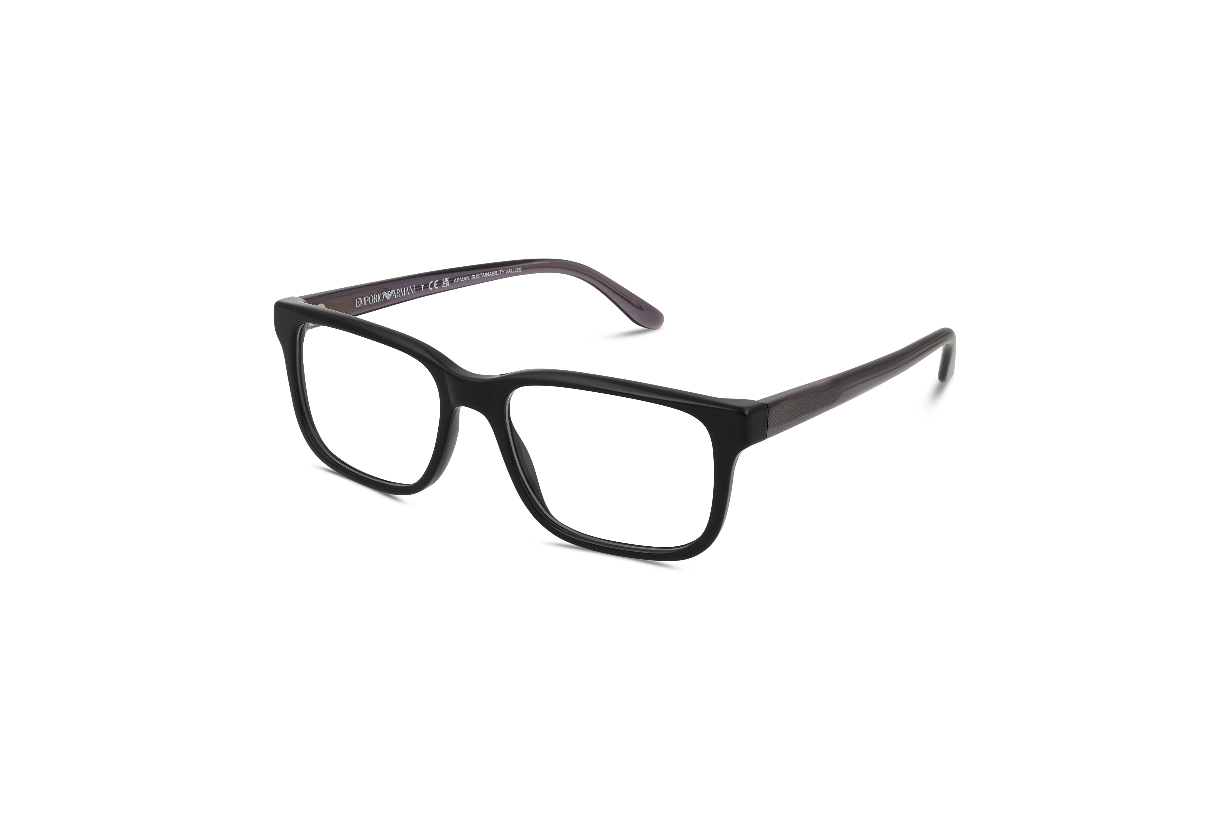 45° Ansicht der Brille Emporio Armani EA3218 in Schwarz auf weißem Hintergrund.