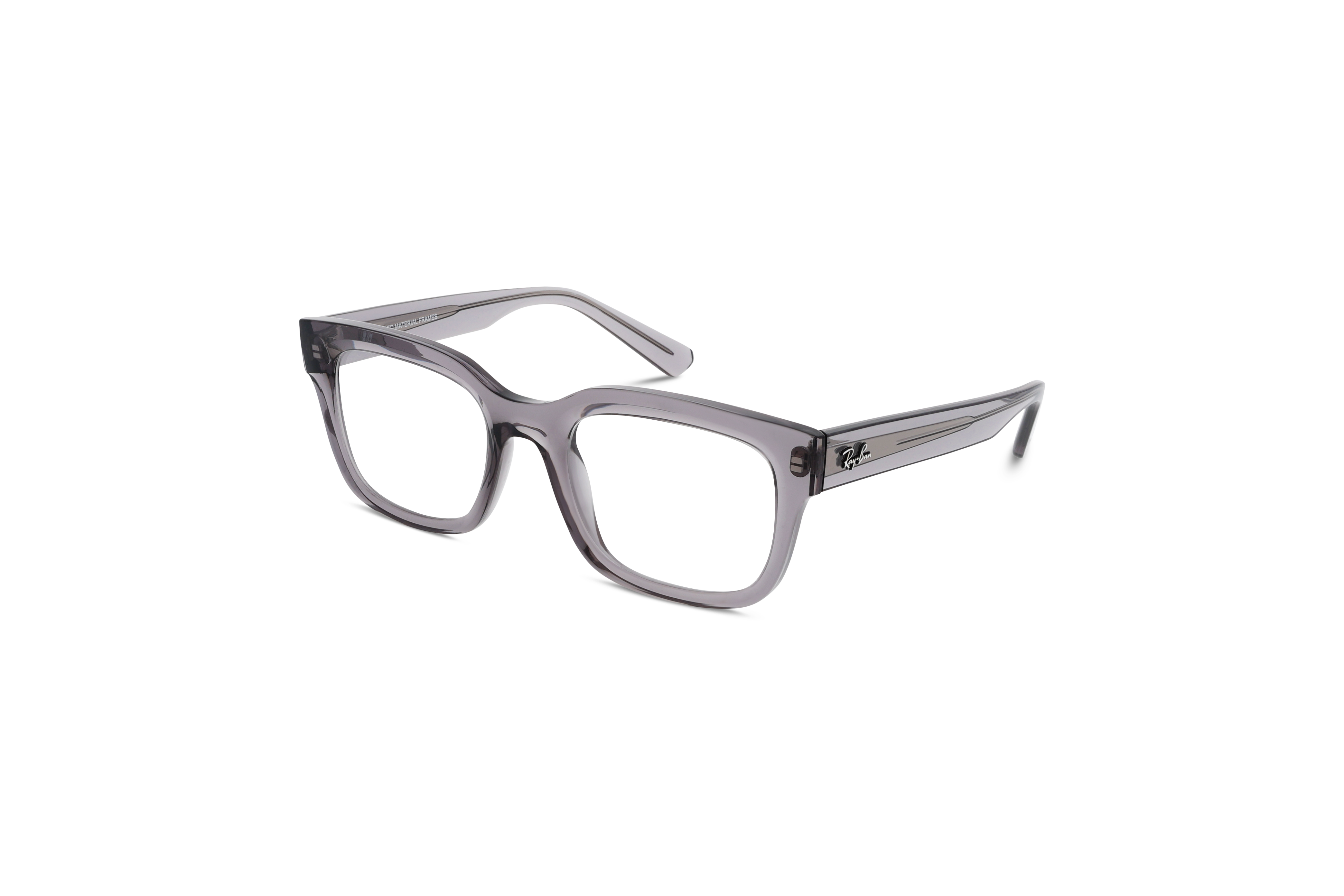 45° Ansicht der Brille Ray-Ban RX7217 in Transparent auf weißem Hintergrund.