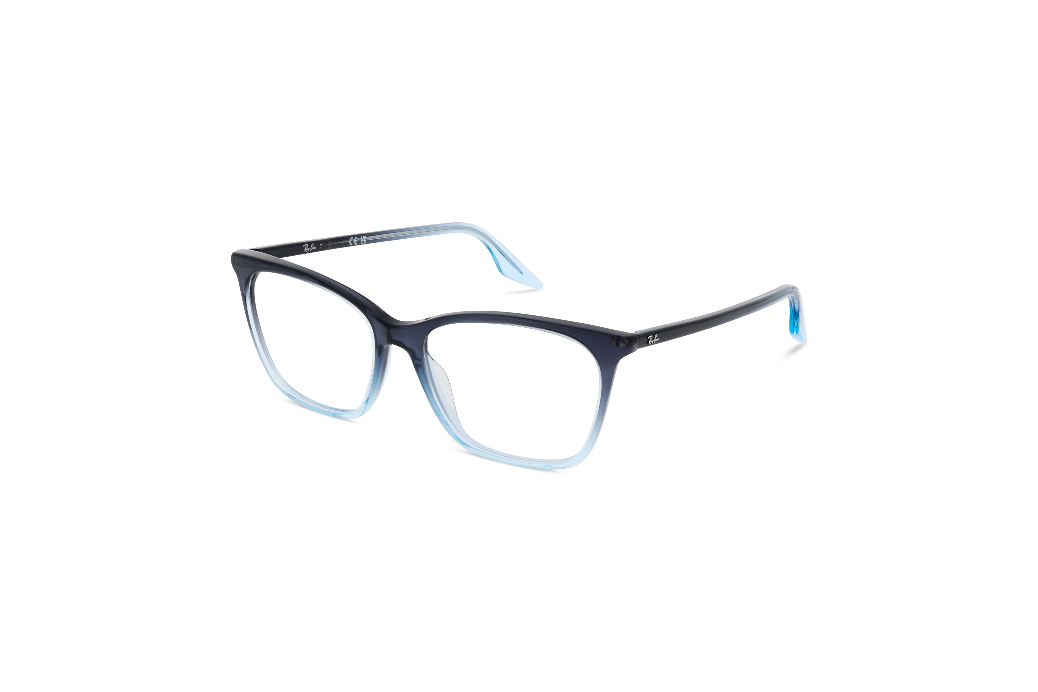 45° Ansicht der Brille Ray-Ban RX5422 in Blau auf weißem Hintergrund.