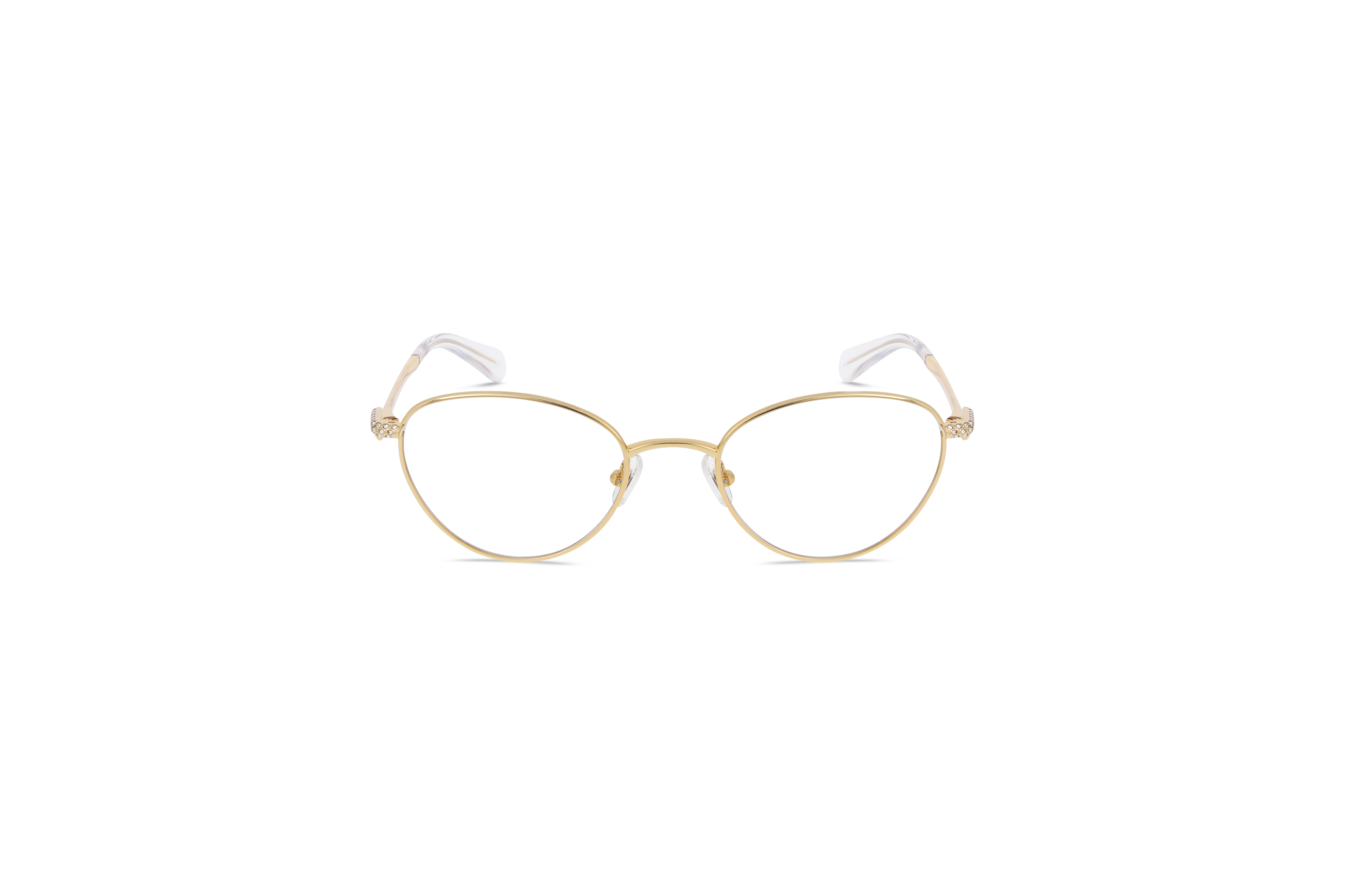 Die Brille Swarovski SK1002 in Gold auf weißem Hintergrund in Frontalansicht.