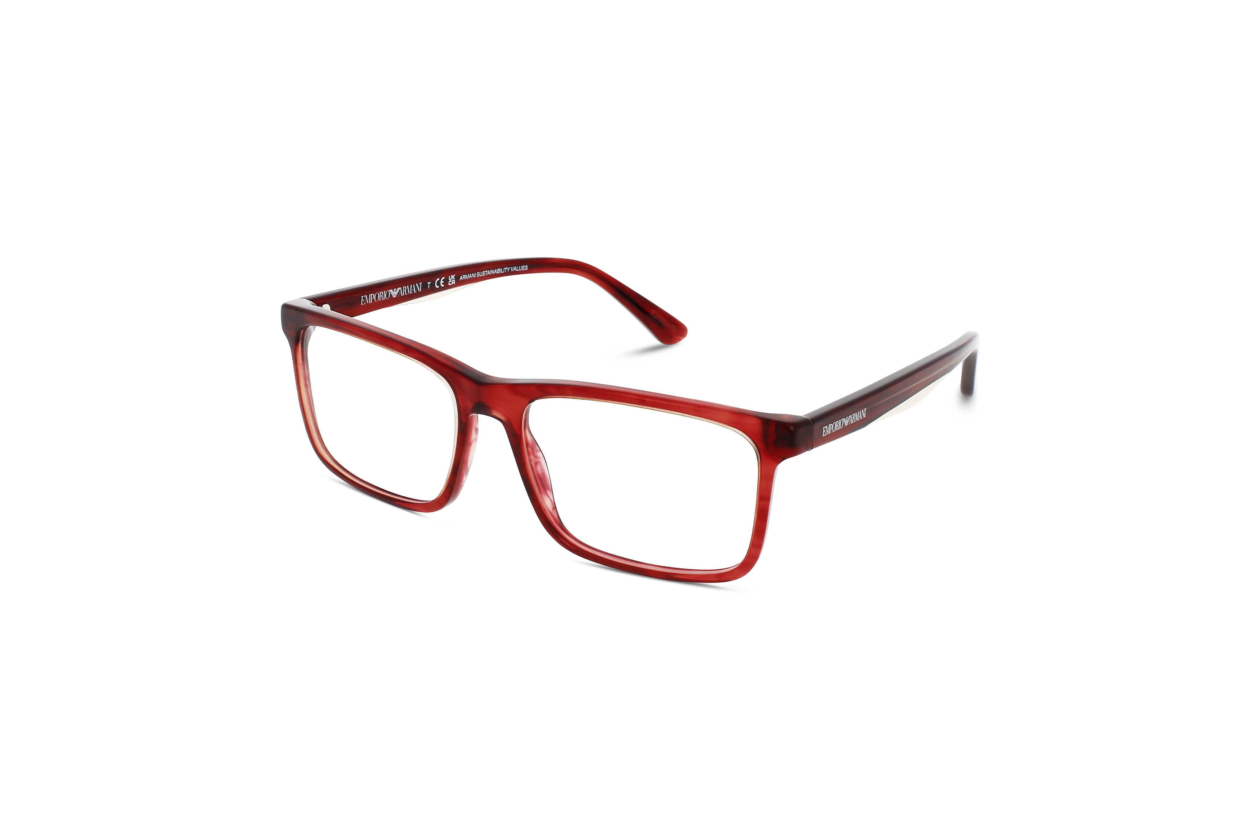 45° Ansicht der Brille Emporio Armani EA3227 in Rot auf weißem Hintergrund.