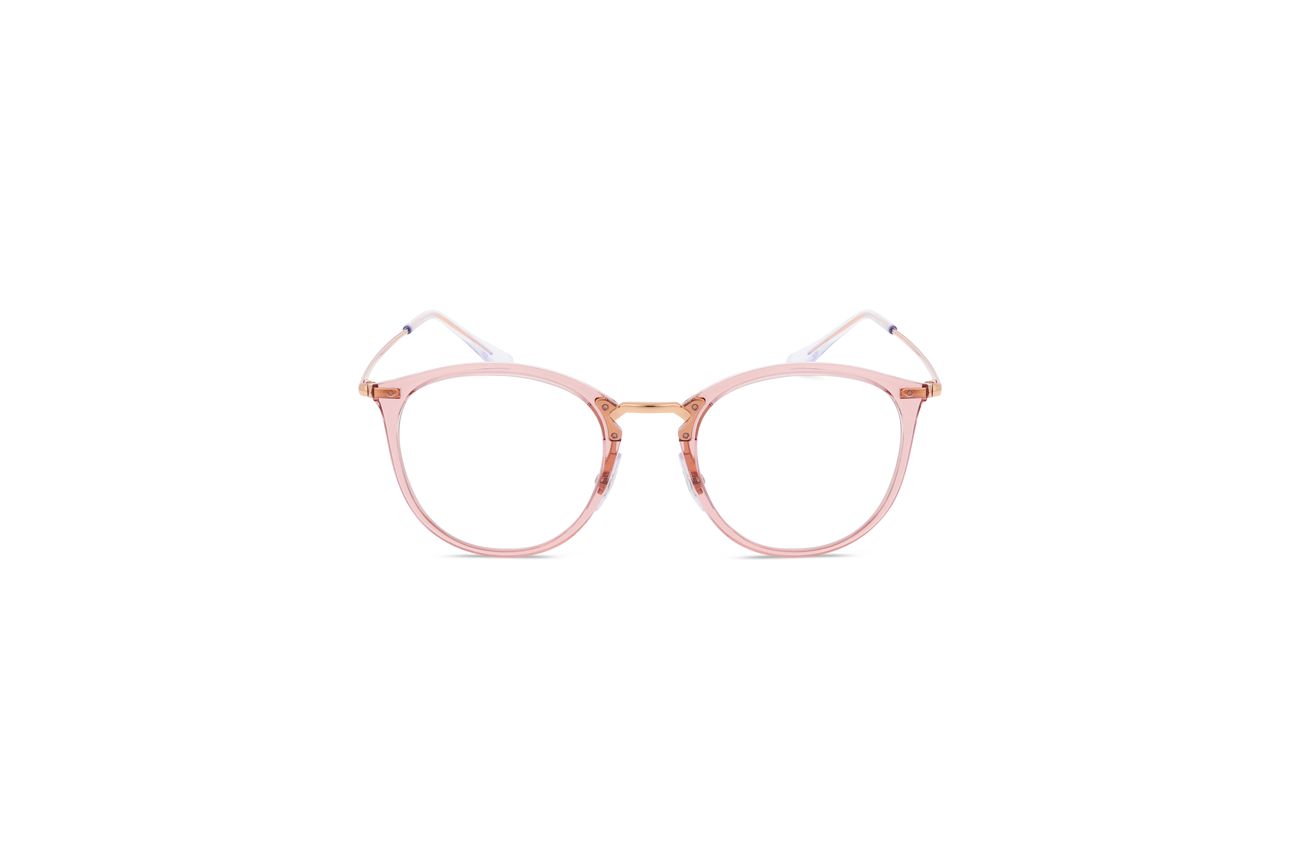 Die Brille Ray-Ban RX7140 in Transparent auf weißem Hintergrund in Frontalansicht.