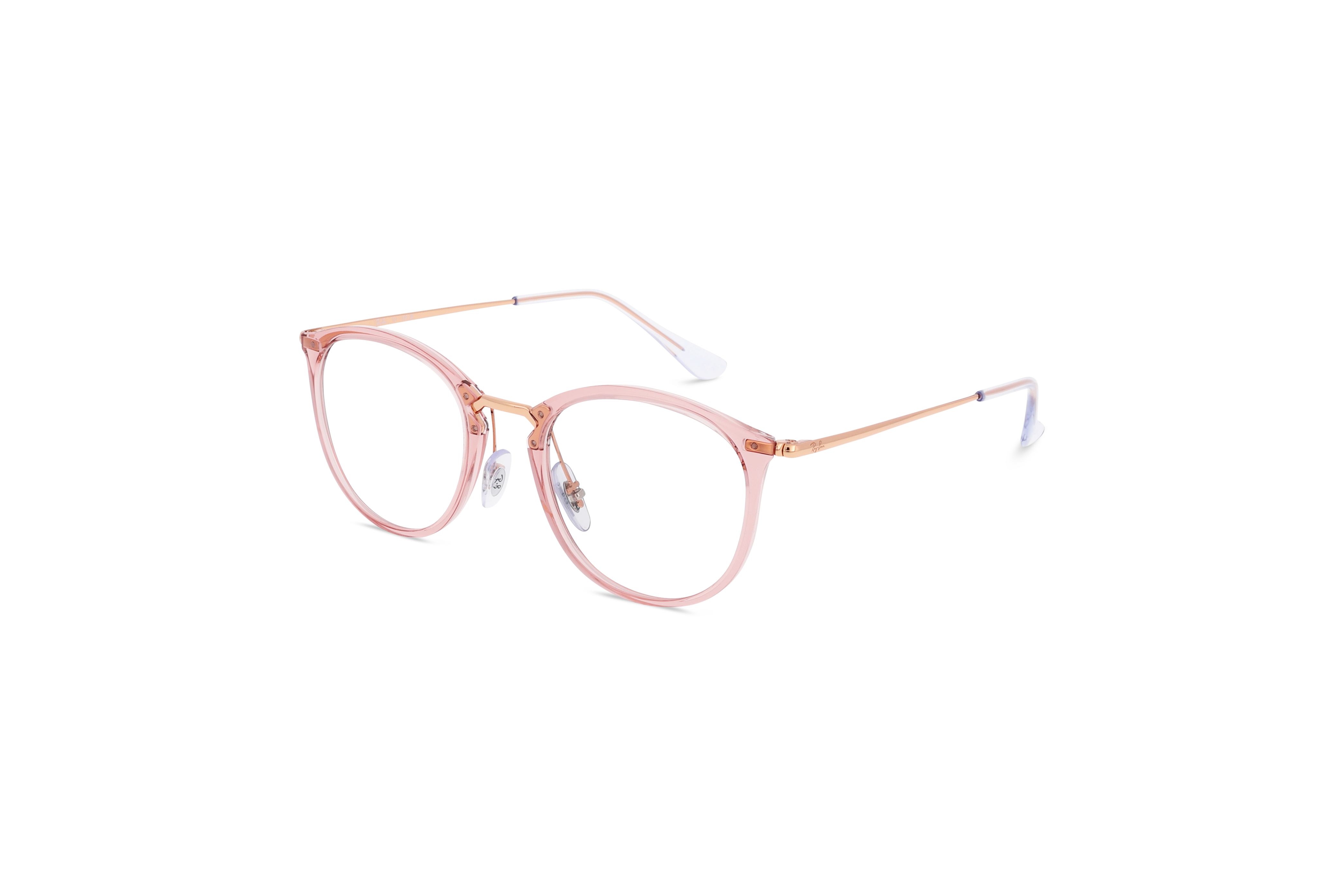 45° Ansicht der Brille Ray-Ban RX7140 in Transparent auf weißem Hintergrund.