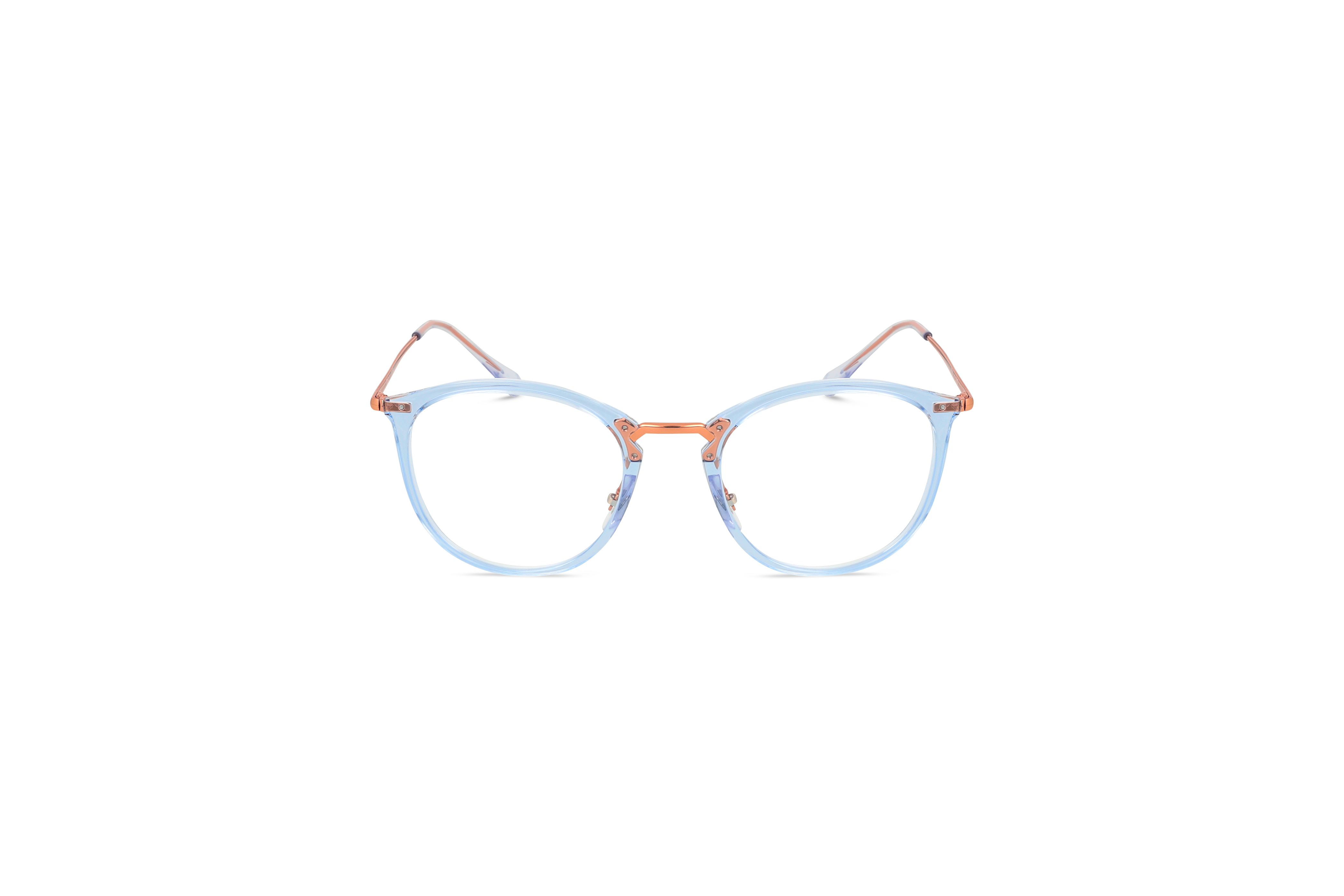 Die Brille Ray-Ban RX7140 in Transparent auf weißem Hintergrund in Frontalansicht.