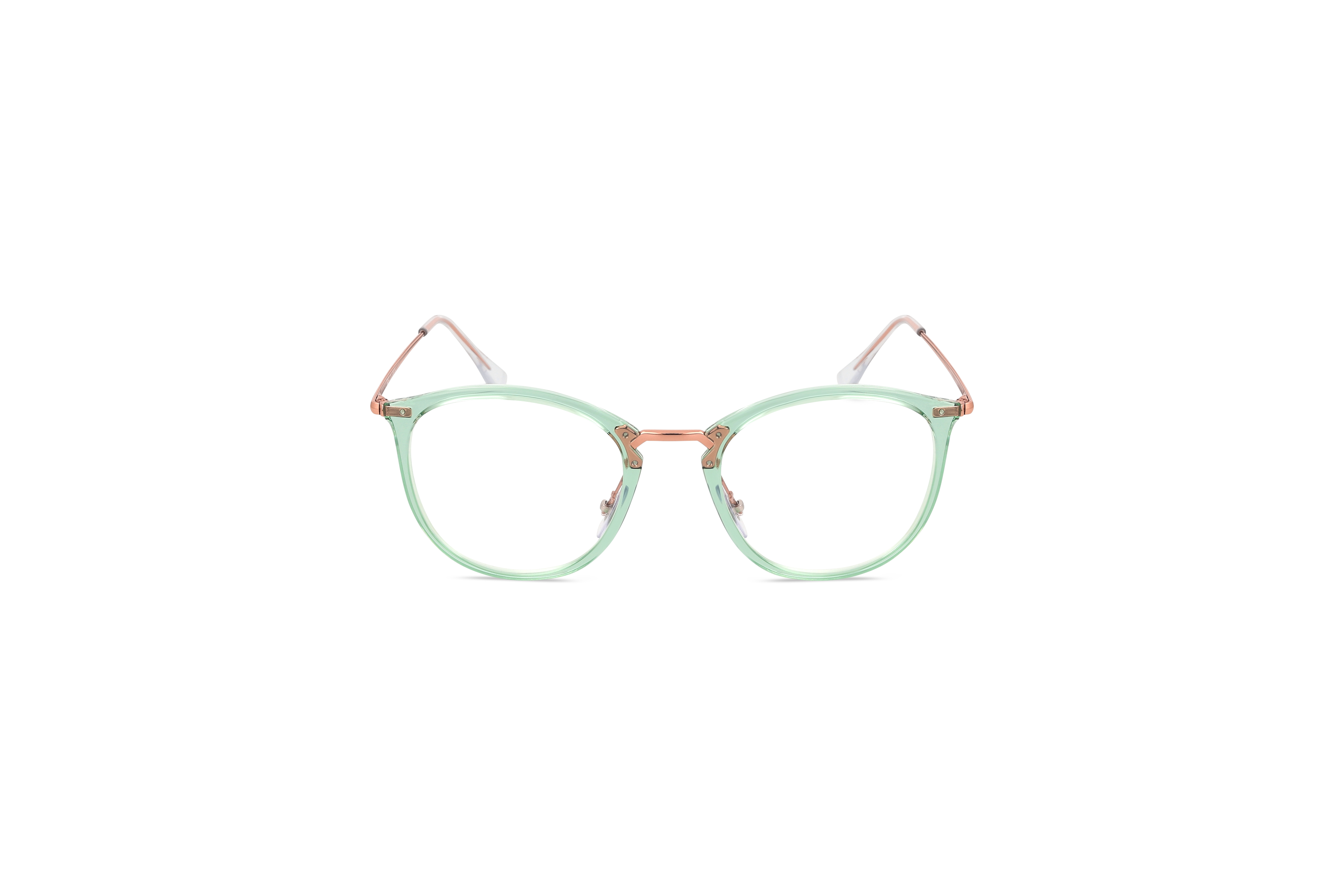 Die Brille Ray-Ban RX7140 in Transparent auf weißem Hintergrund in Frontalansicht.