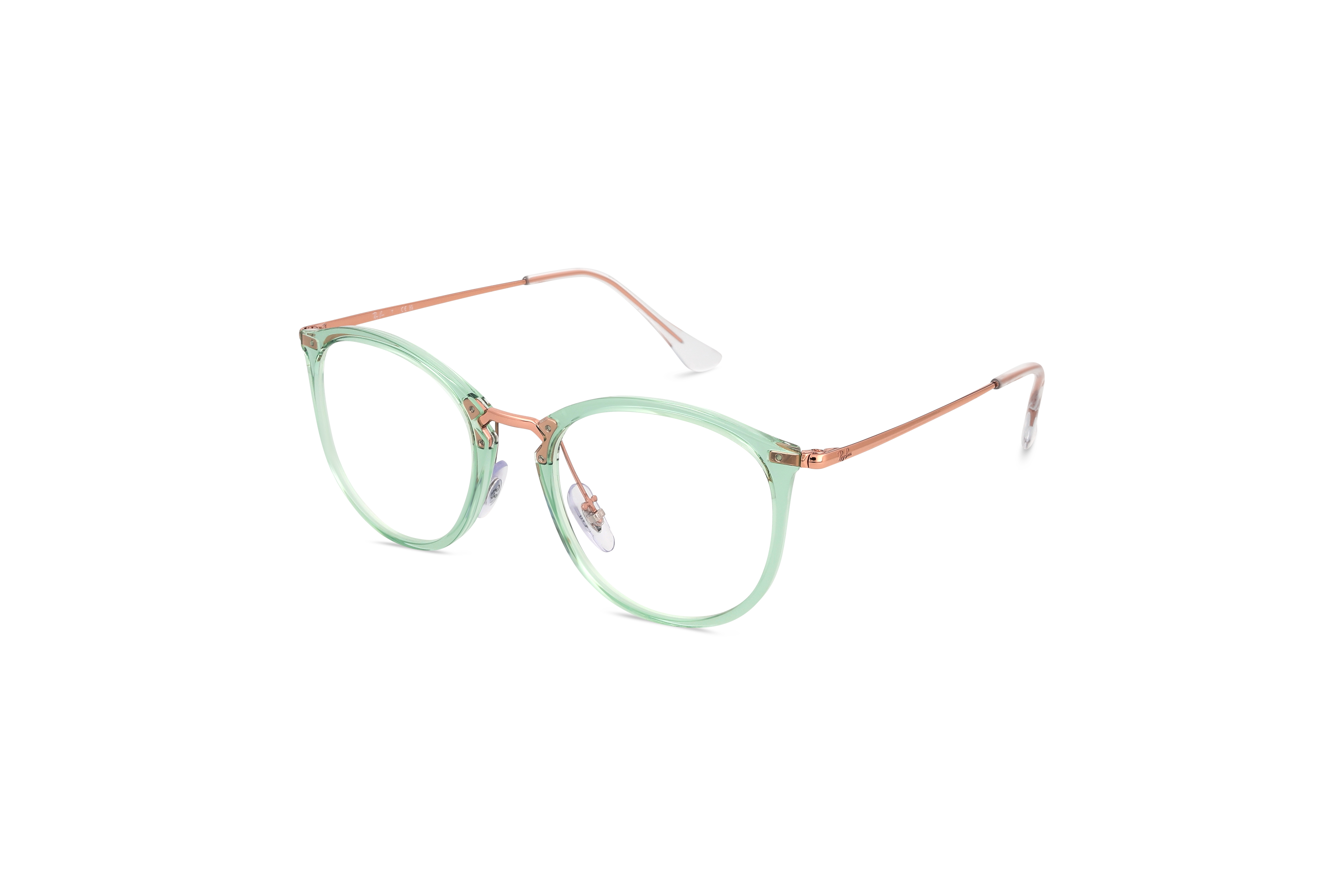 45° Ansicht der Brille Ray-Ban RX7140 in Transparent auf weißem Hintergrund.