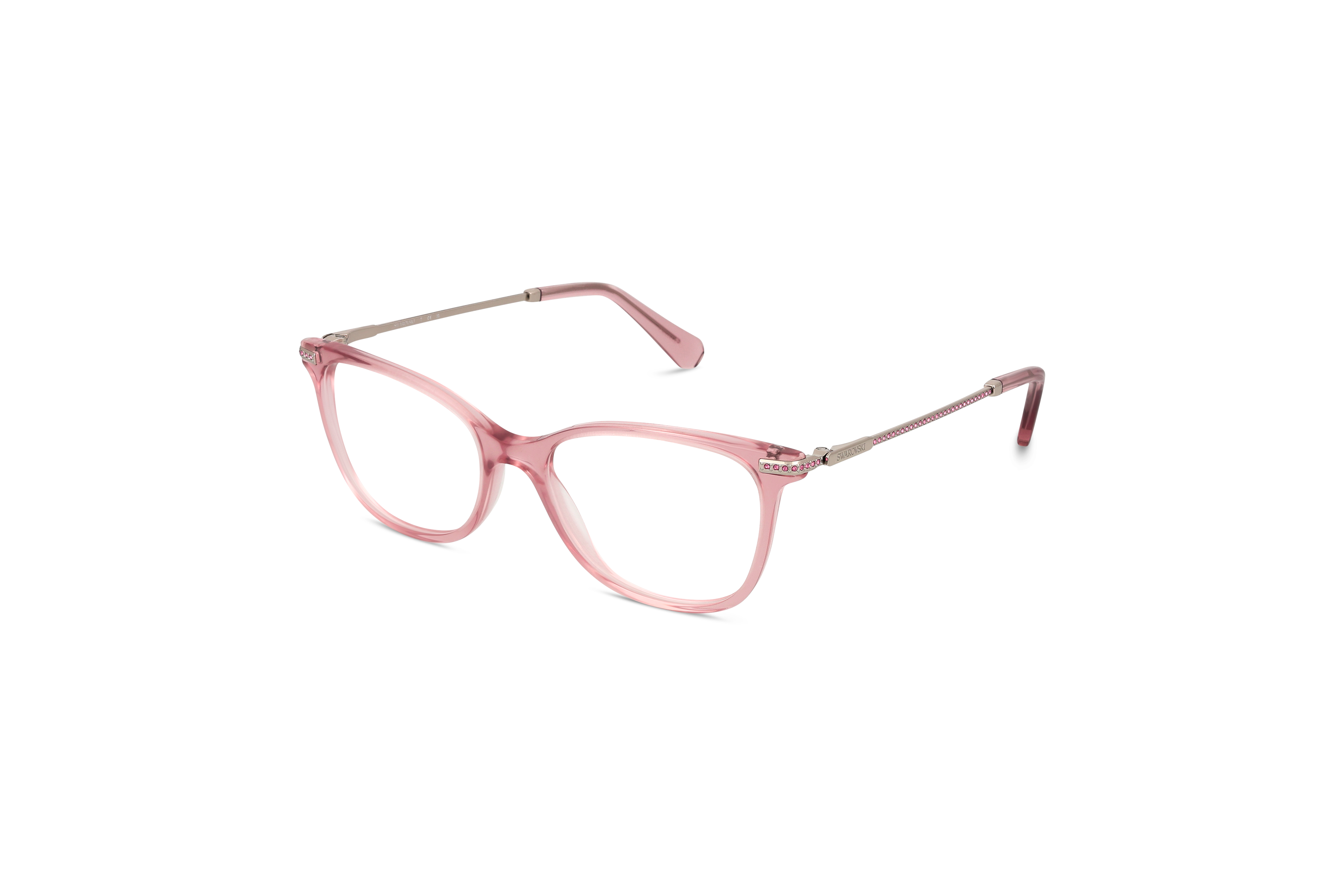 45° Ansicht der Brille Swarovski SK2010 in Pink auf weißem Hintergrund.