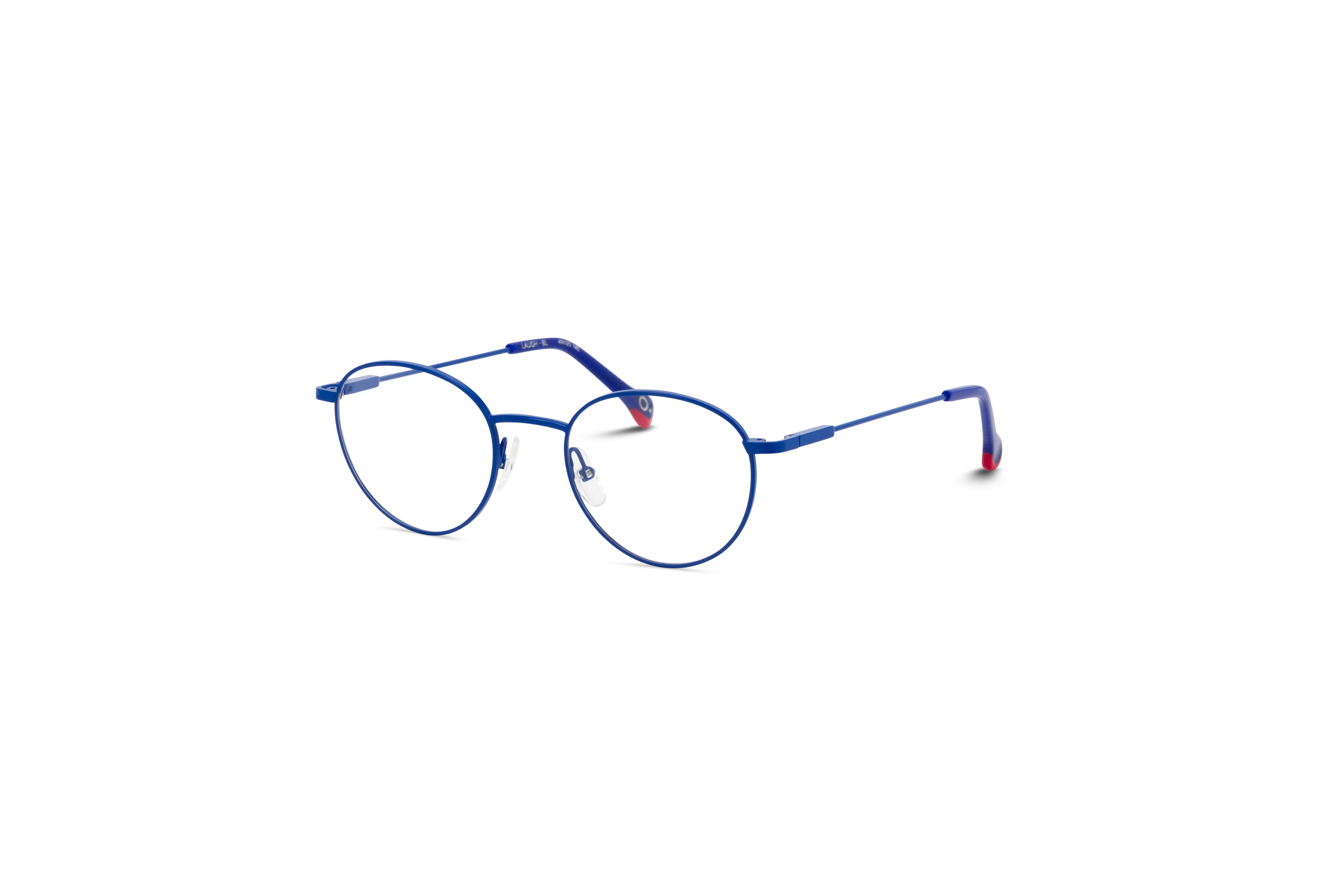 45° Ansicht der Brille Etnia Barcelona LAUGH in Blau auf weißem Hintergrund.