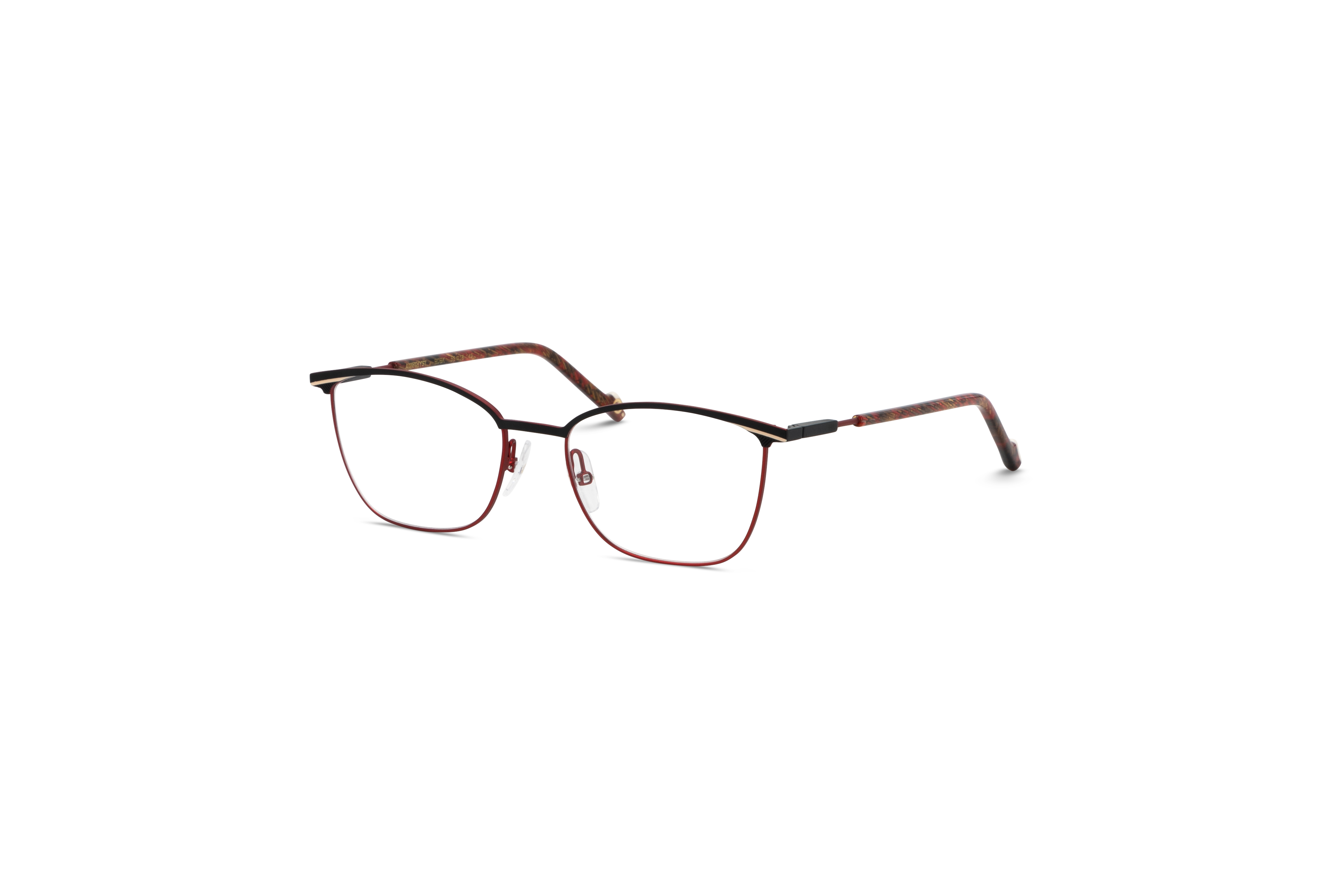 45° Ansicht der Brille Etnia Barcelona AMETHYST in Rot auf weißem Hintergrund.