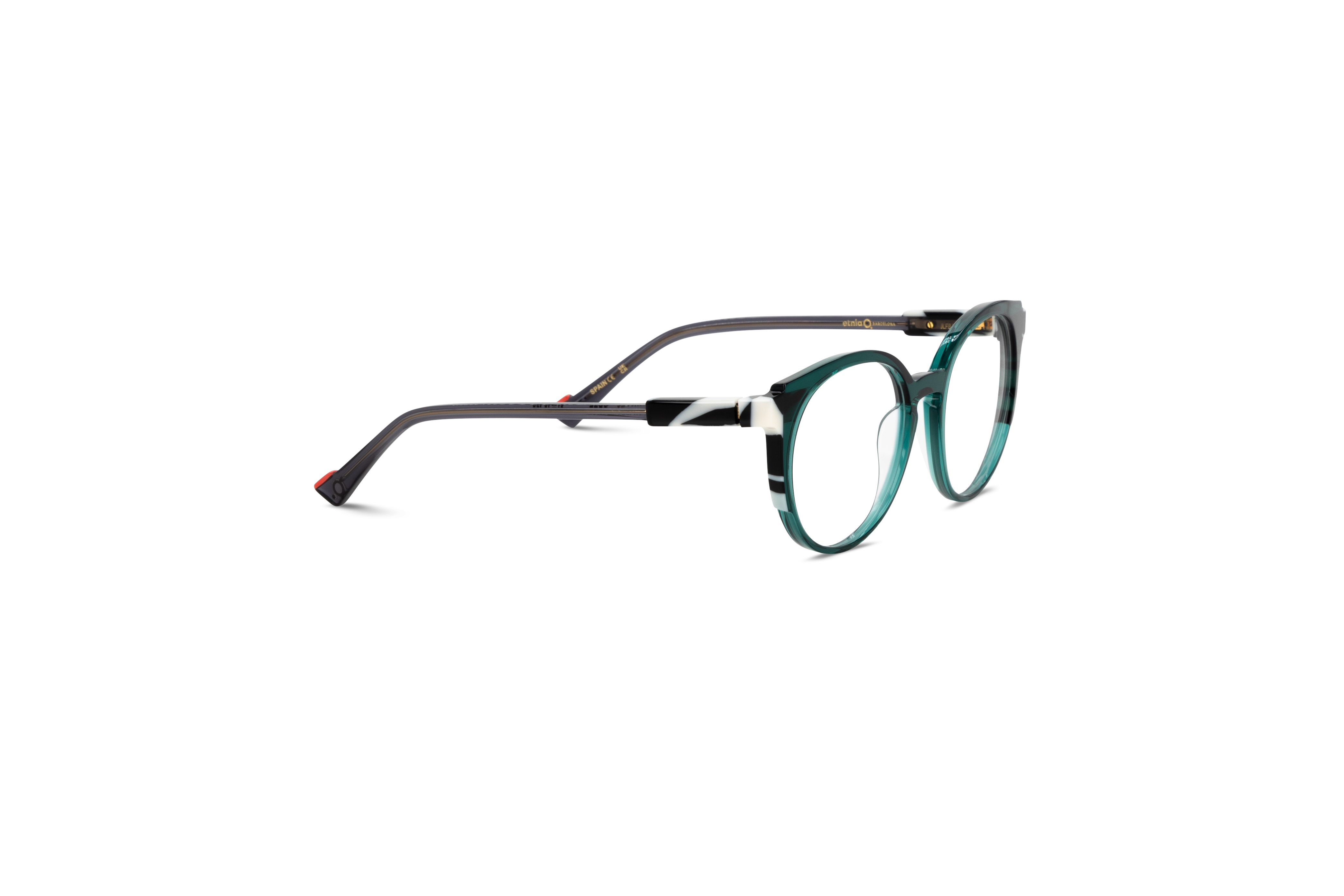 Die Brille Etnia Barcelona WALES in Türkis mit Seitenansicht.