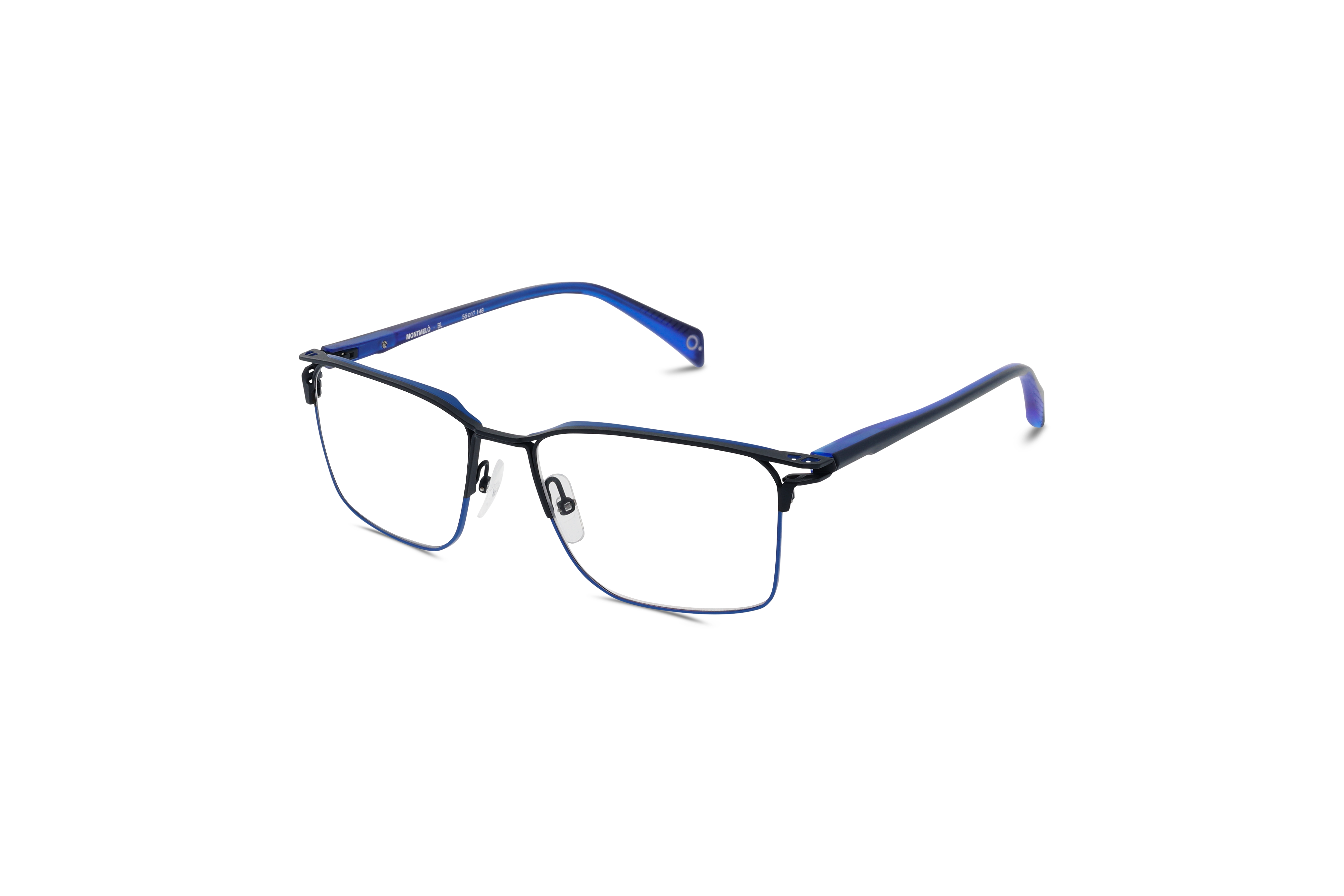 45° Ansicht der Brille Etnia Barcelona MONTMELO in Blau auf weißem Hintergrund.